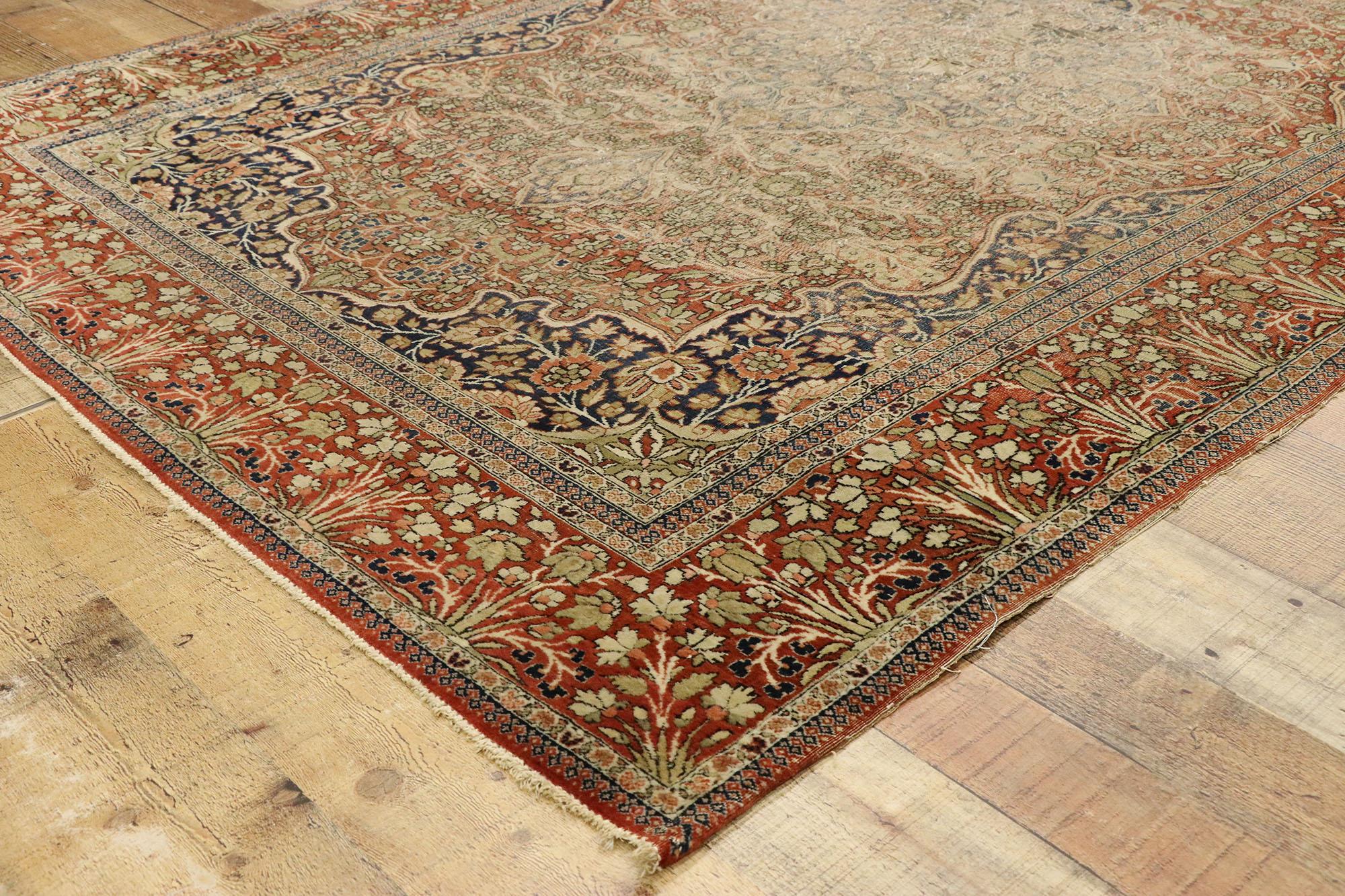 Wool Distressed Antique Persian Mohtesham Kashan Rug with Modern Rustic English Style For Sale
