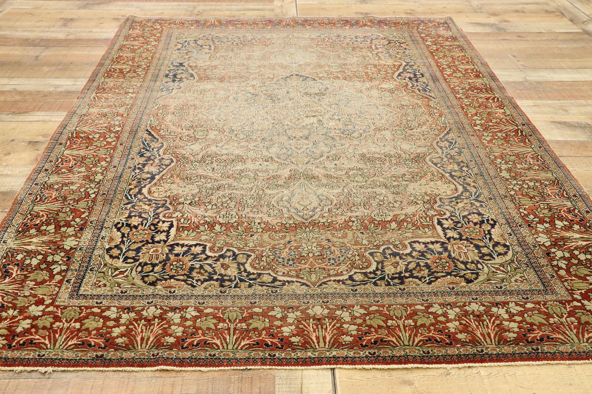 Distressed Antique Persian Mohtesham Kashan Rug with Modern Rustic English Style For Sale 1