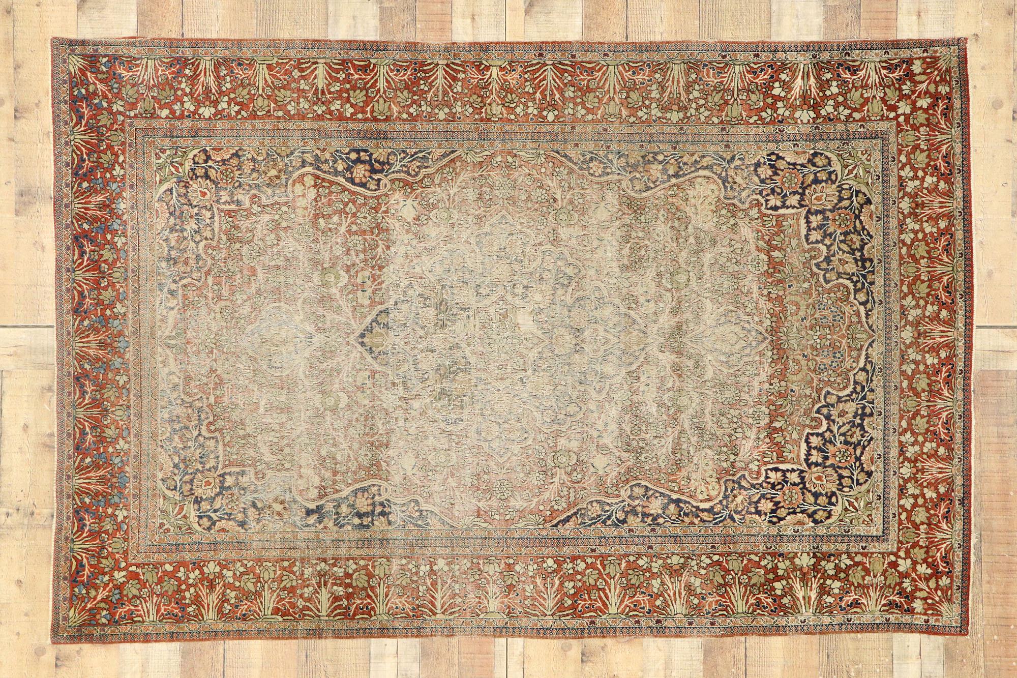 Distressed Antique Persian Mohtesham Kashan Rug with Modern Rustic English Style For Sale 2