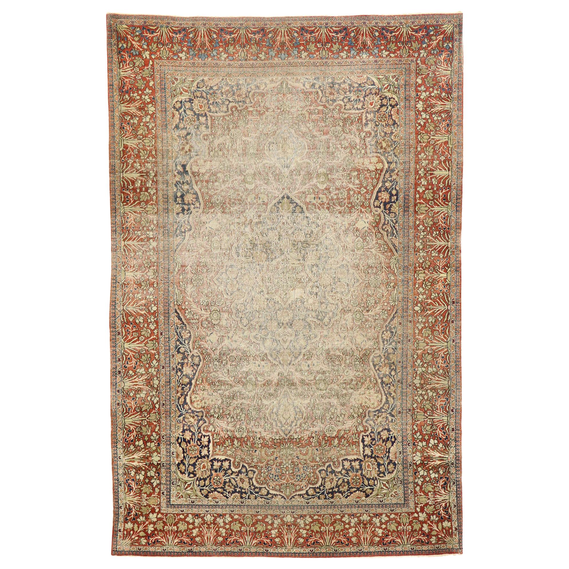 Distressed Antique Persian Mohtesham Kashan Rug with Modern Rustic English Style