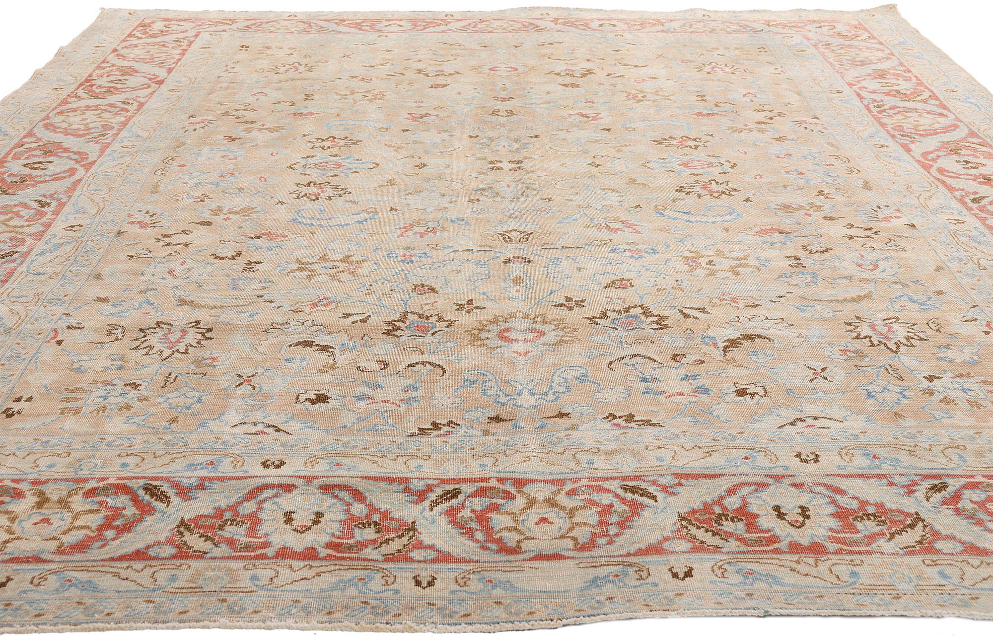 Tabriz Distressed Antique Persian Mood Carpet with Rustic Modern Style For Sale
