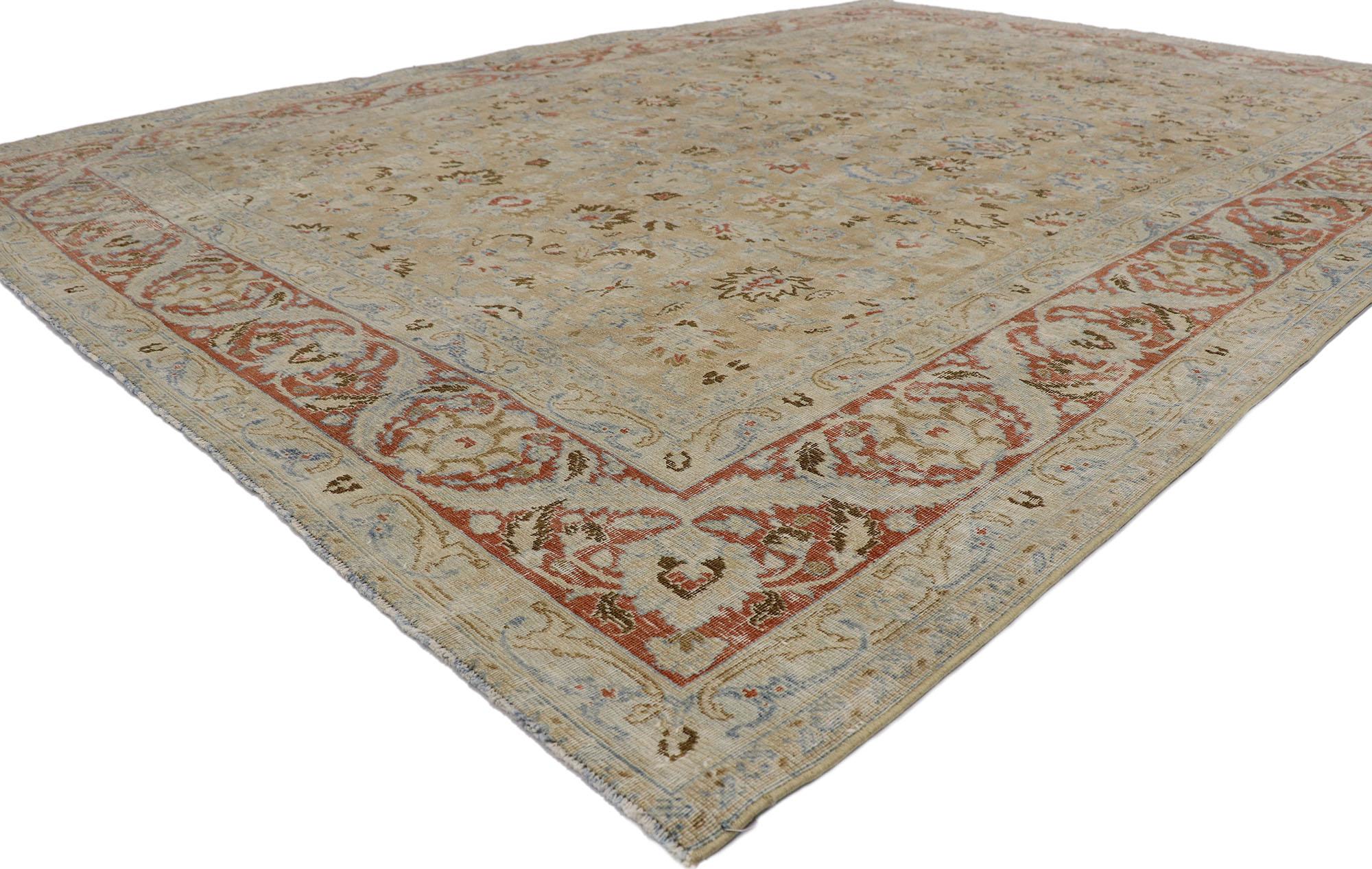 53656 Distressed Antique Persian Mood Rug with Rustic Style 07'11 x 10'11. Effortless beauty and soft, bespoke vibes meet rustic sensibility in this hand knotted wool distressed antique Persian Mood rug. The lovingly time-worn field features an