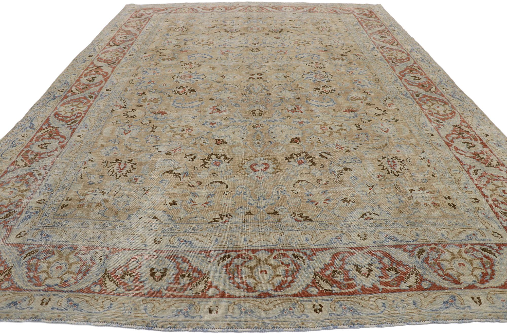 Tabriz Distressed Antique Persian Mood Rug with Rustic Style For Sale