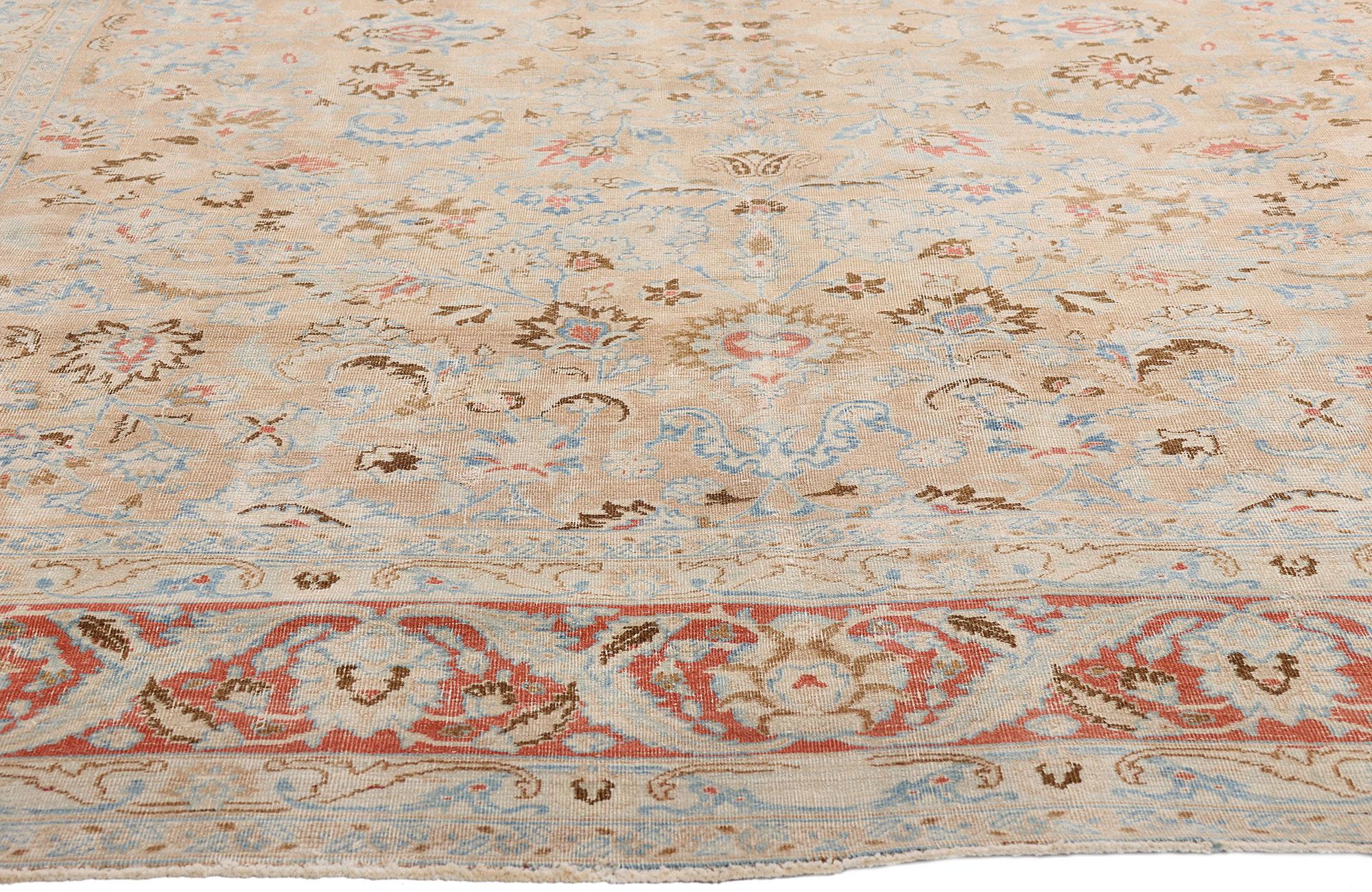 Hand-Knotted Distressed Antique Persian Mood Carpet with Rustic Modern Style For Sale