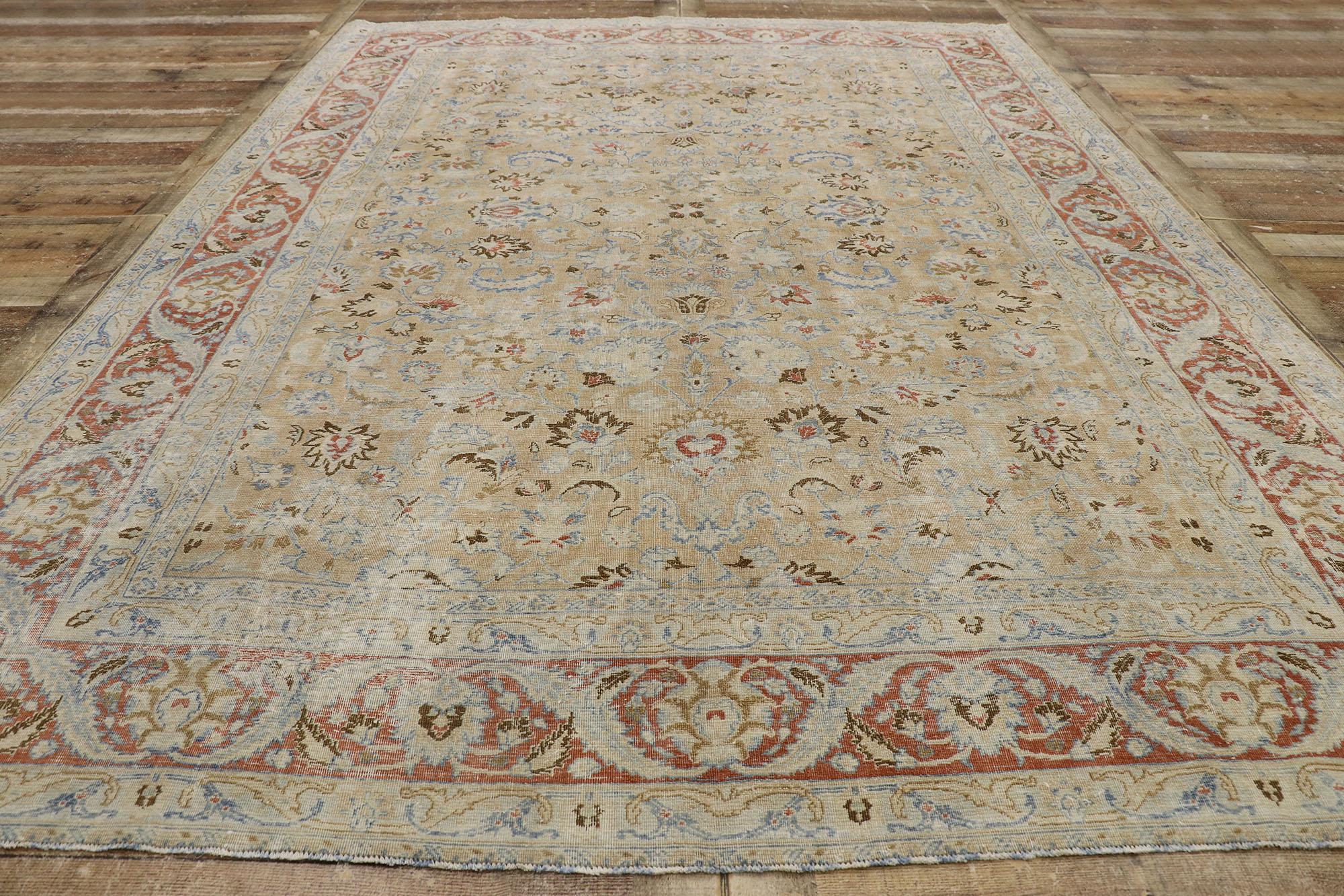 Wool Distressed Antique Persian Mood Rug with Rustic Style For Sale