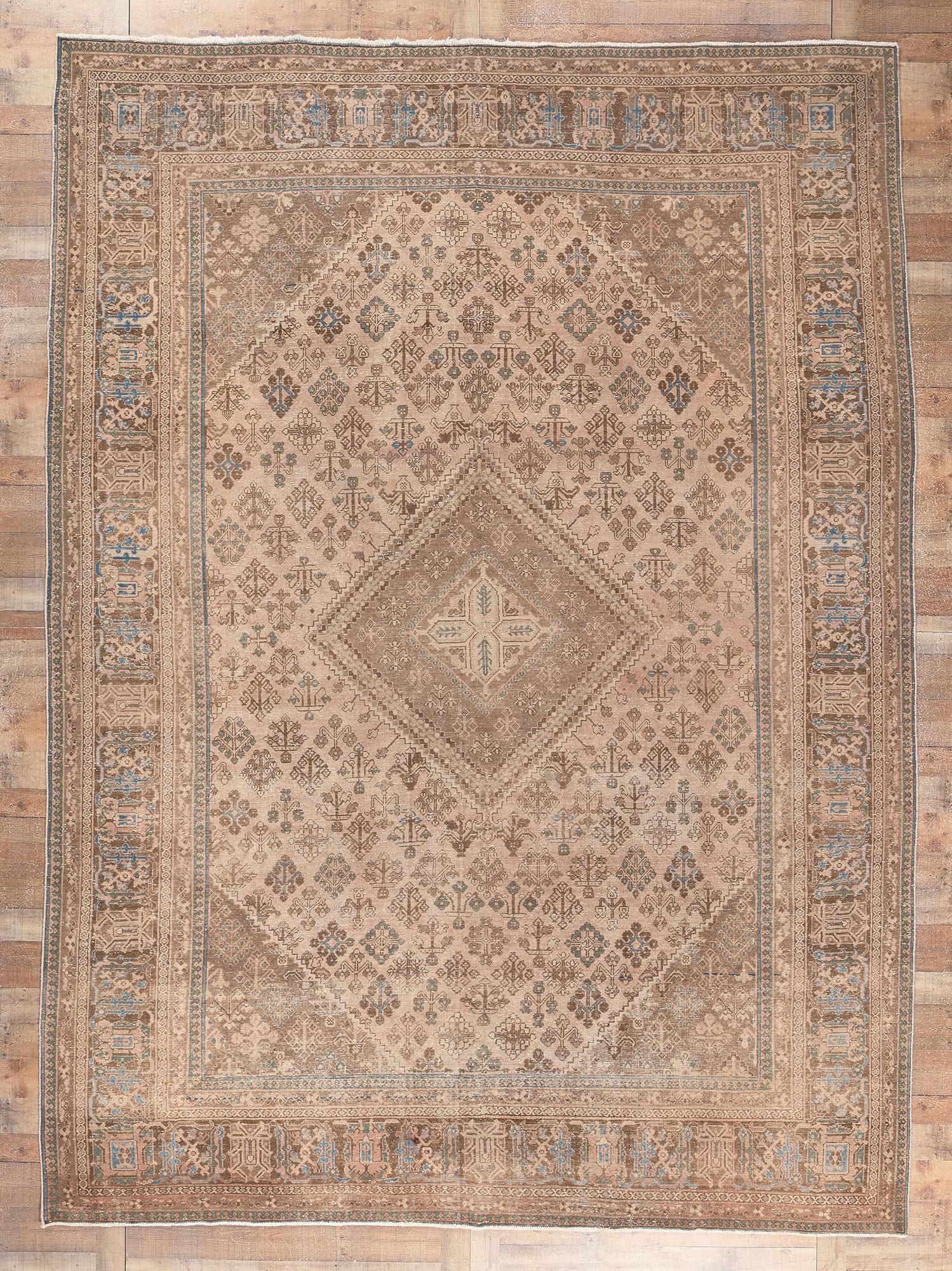 Distressed Antique Persian Rug, Understated Elegance Meets Relaxed Familiarity For Sale 1