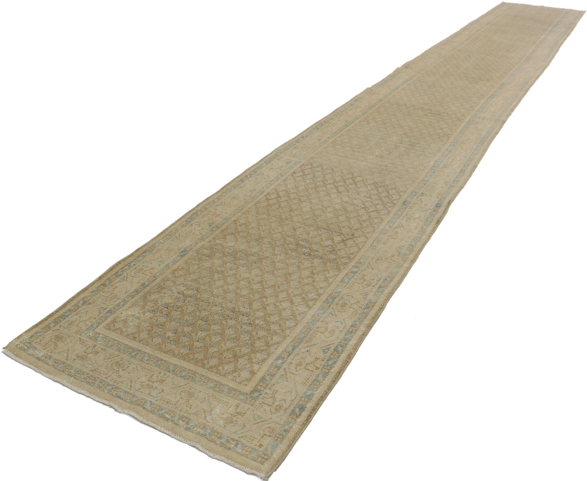 53234, distressed antique Persian Saraband Runner with Mir Boteh design. Simplicity and effortless beauty meet soft, bespoke vibes with a modern Shaker style in this hand knotted wool distressed antique Persian Saraband carpet runner. The tan