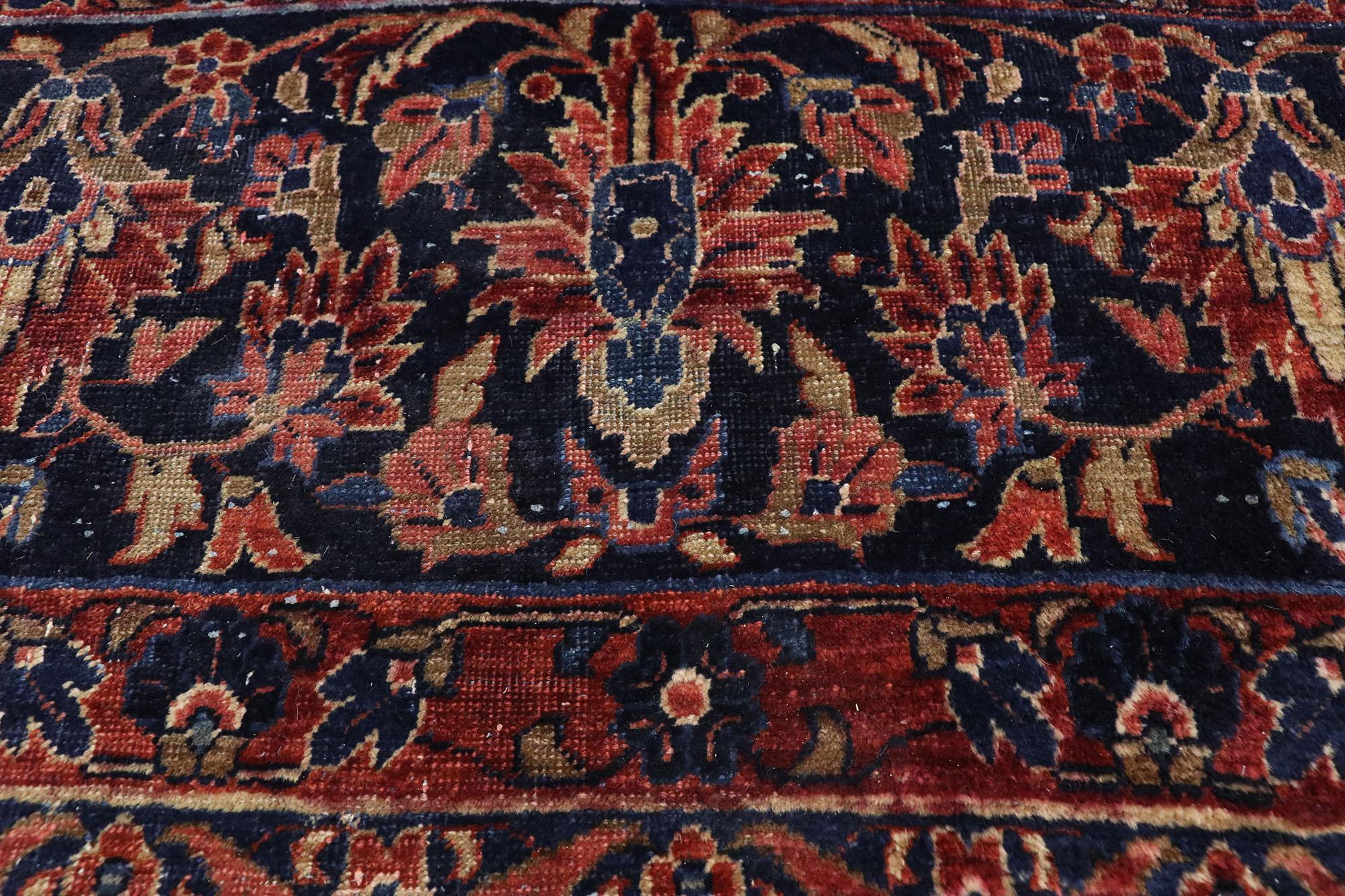 Hand-Knotted Distressed Antique Persian Sarouk Area Rug with Modern English Tudor Style