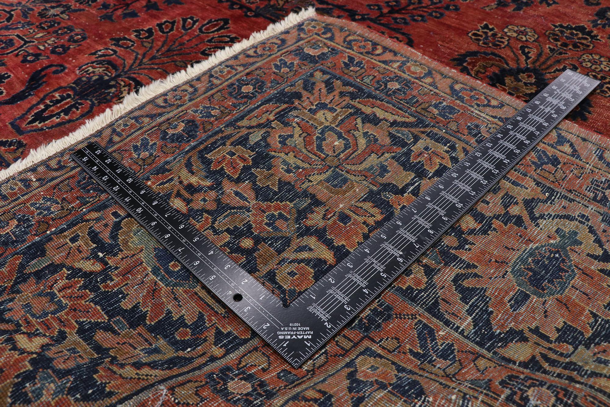 Distressed Antique Persian Sarouk Area Rug with Modern English Tudor Style In Distressed Condition In Dallas, TX