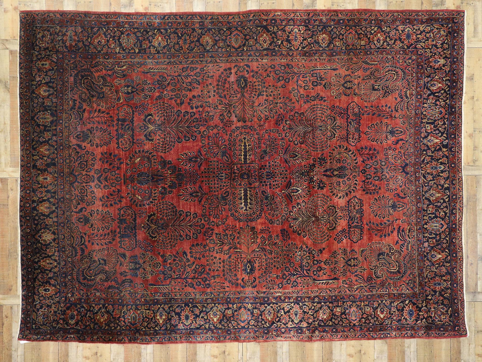 20th Century Distressed Antique Persian Sarouk Area Rug with Modern English Tudor Style