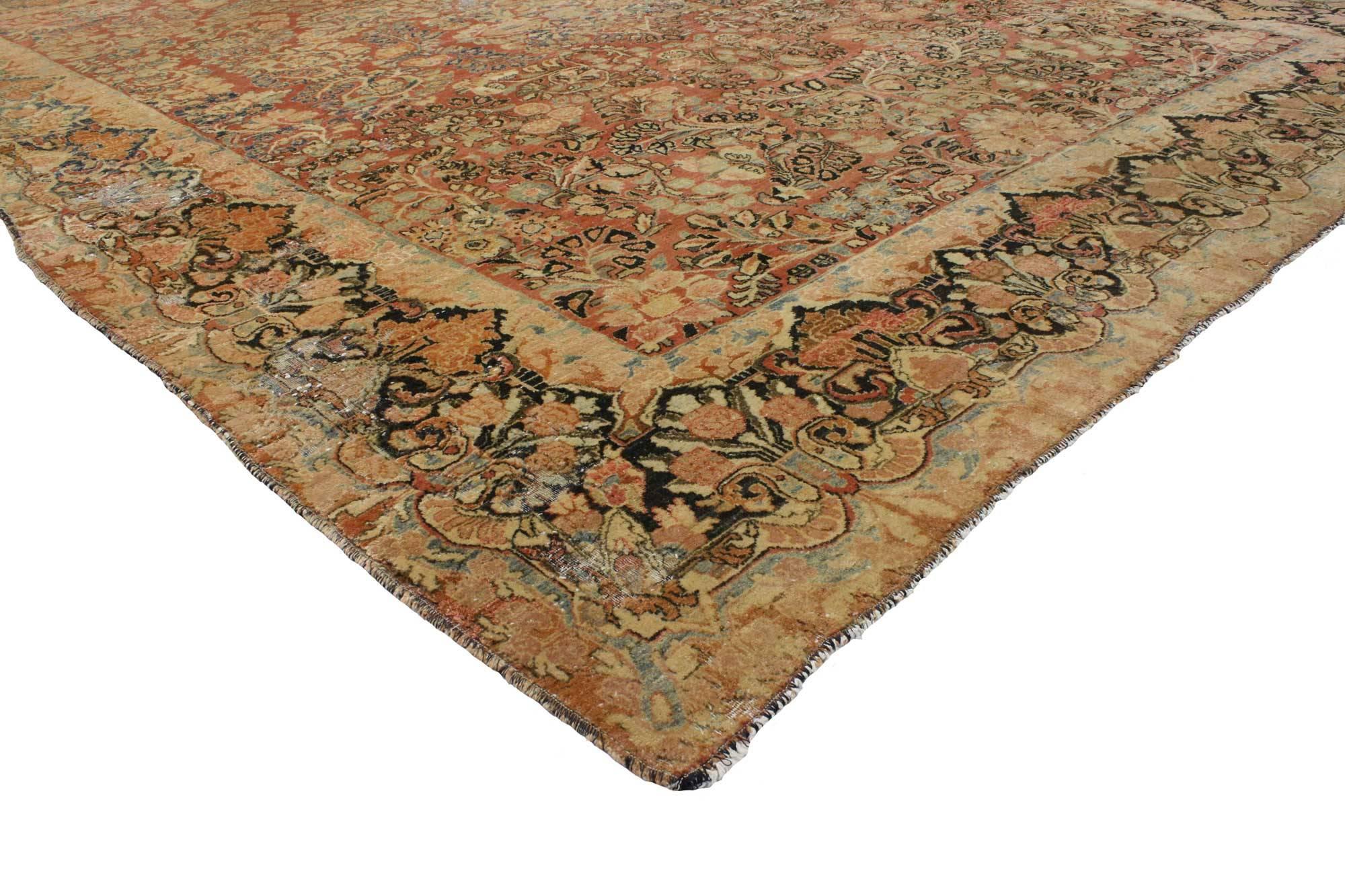 76699 Distressed Antique Persian Sarouk Rug with Rustic Arts and Crafts Style 09'00 x 11'04. The architectural elements of naturalistic forms and warm earthy colors combined with Arts & Crafts style, this hand knotted wool distressed antique Persian