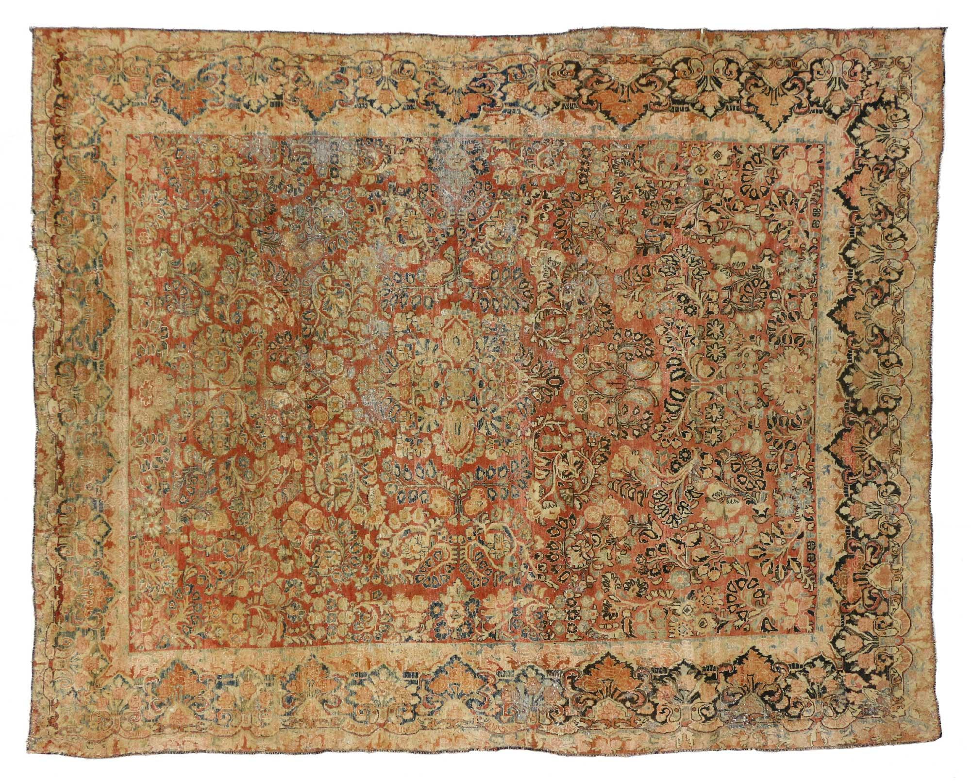 Sarouk Farahan Distressed Antique Persian Sarouk Rug with Rustic Arts & Crafts Style For Sale