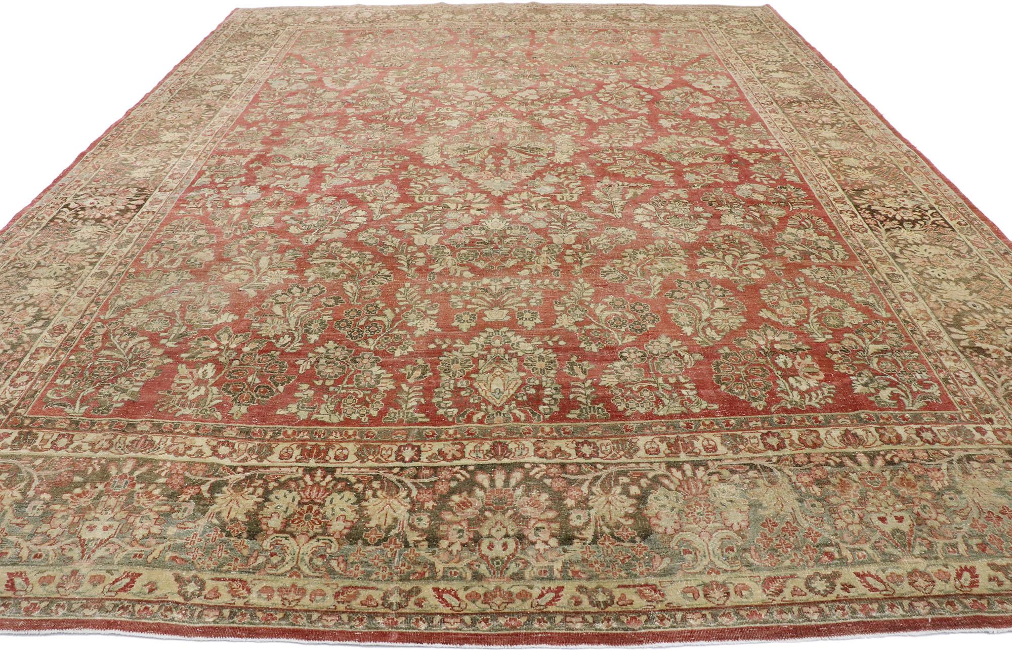 Sarouk Farahan Distressed Antique Persian Sarouk Rug with Rustic American Traditional Style For Sale