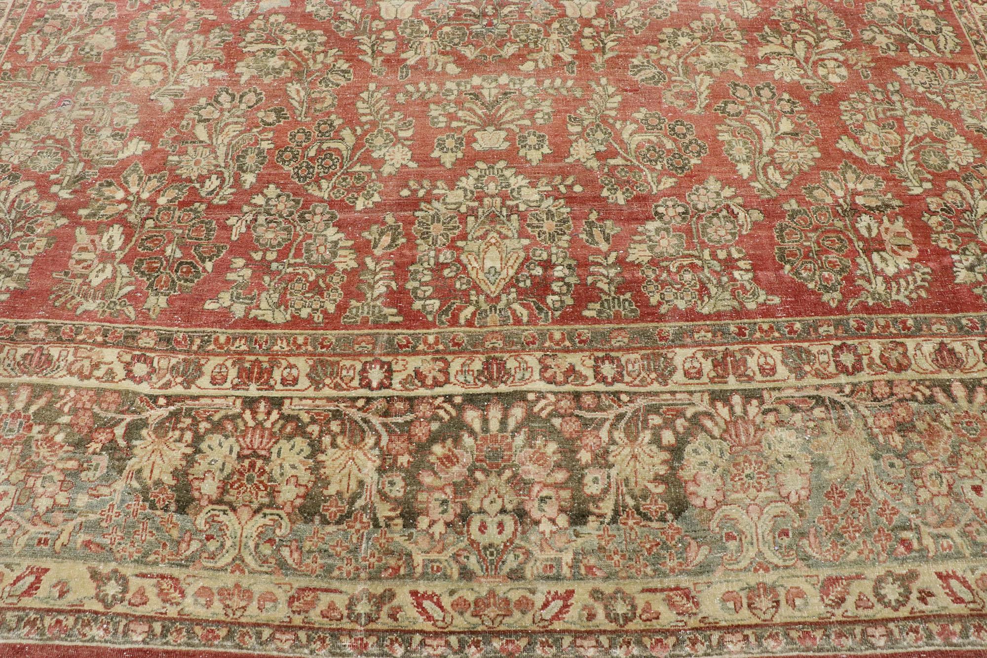 Hand-Knotted Distressed Antique Persian Sarouk Rug with Rustic American Traditional Style For Sale