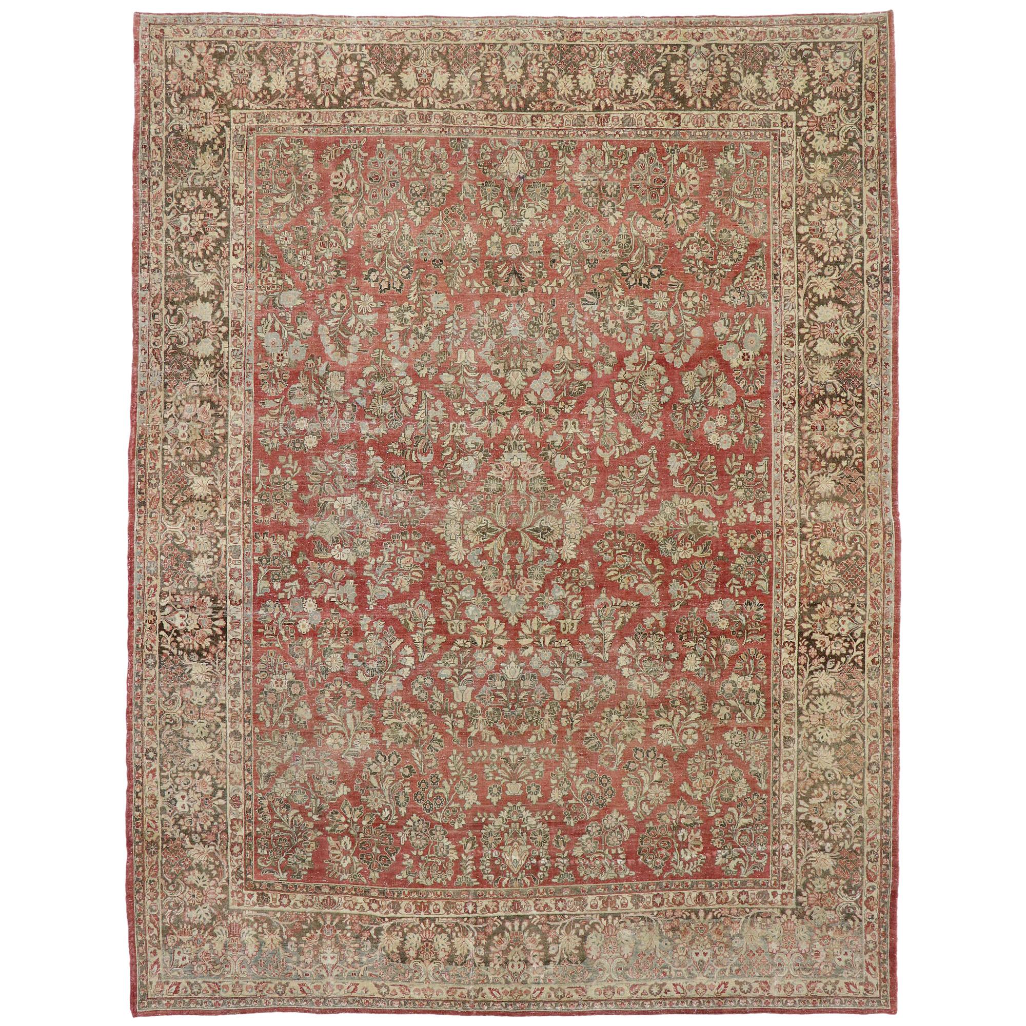 Distressed Antique Persian Sarouk Rug with Rustic American Traditional Style For Sale