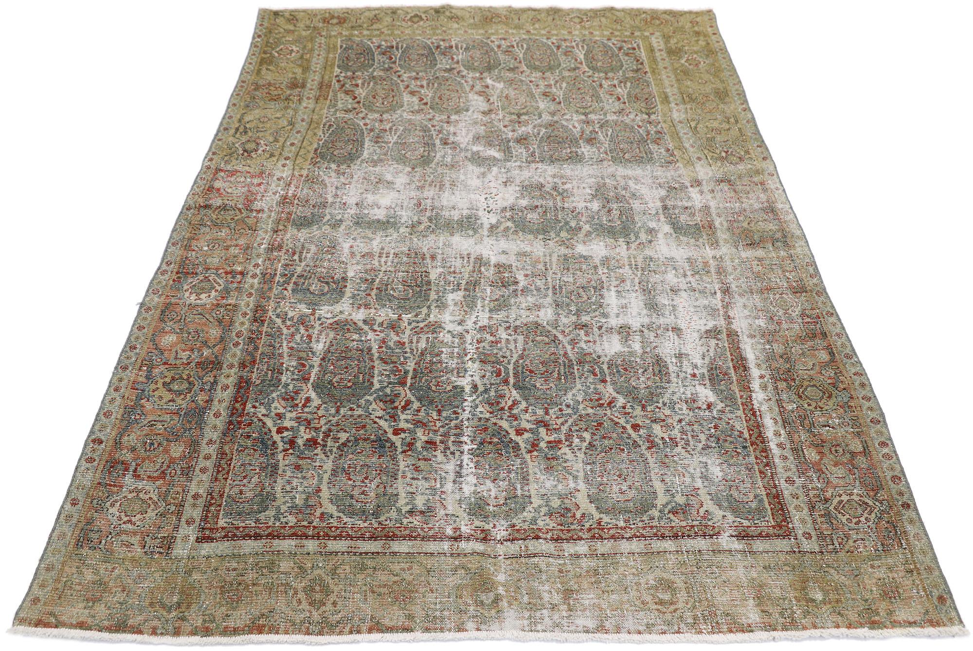 Malayer Distressed Antique Persian Senneh Boteh Rug with Rustic Arts & Crafts Style For Sale