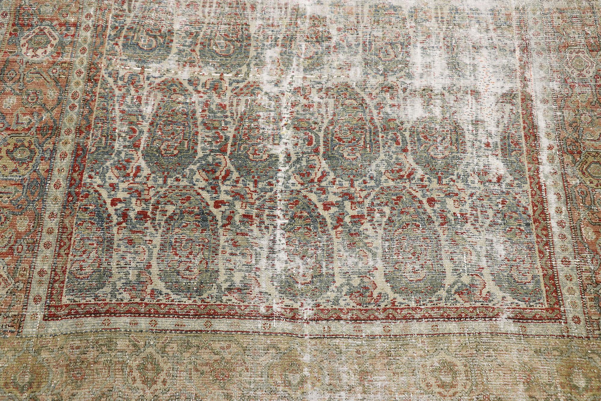 Malayer Distressed Antique Persian Senneh Boteh Rug with Rustic Arts & Crafts Style For Sale