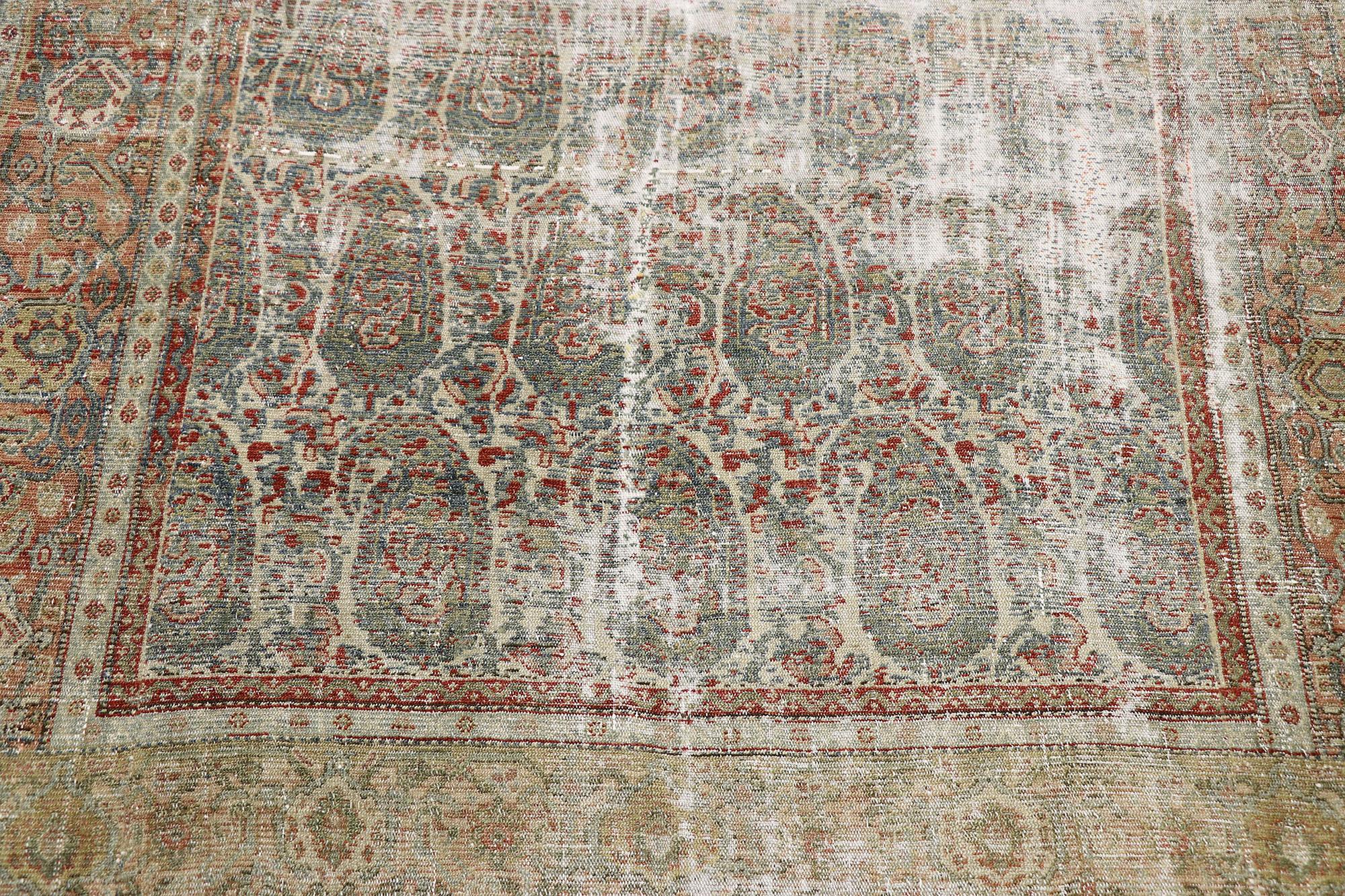 Hand-Knotted Distressed Antique Persian Senneh Boteh Rug with Rustic Arts & Crafts Style For Sale