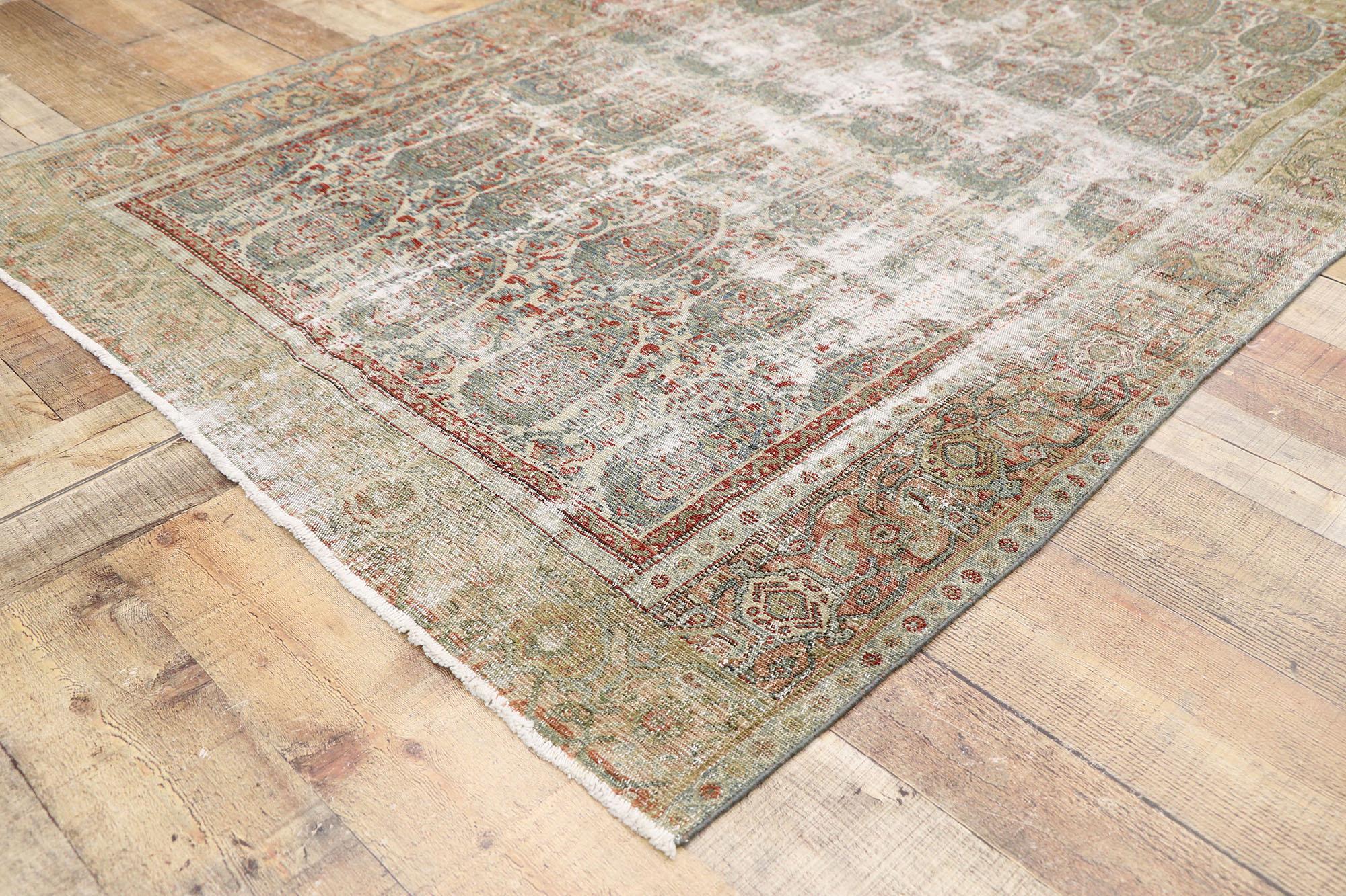 20th Century Distressed Antique Persian Senneh Boteh Rug with Rustic Arts & Crafts Style For Sale