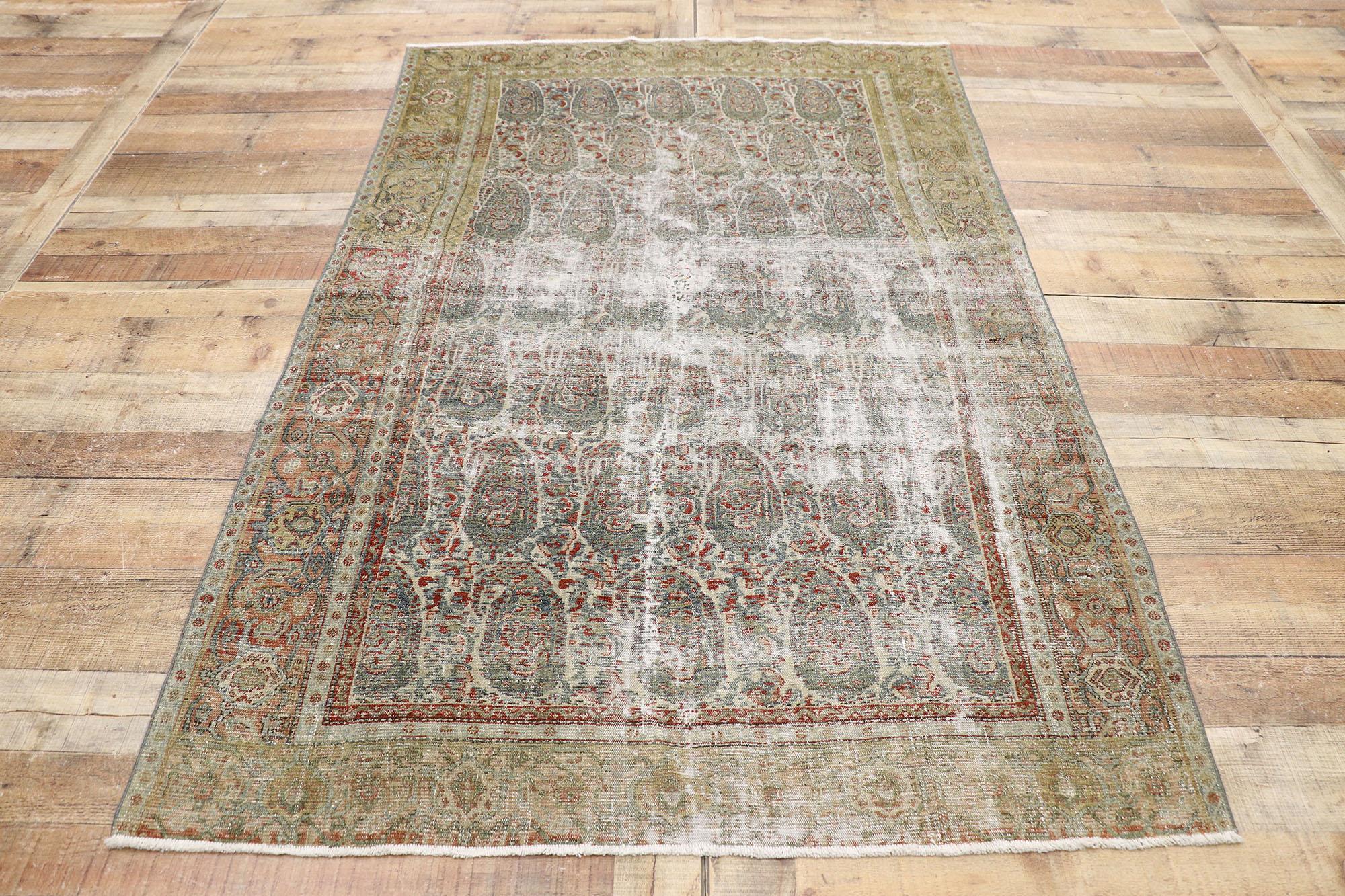 Wool Distressed Antique Persian Senneh Boteh Rug with Rustic Arts & Crafts Style For Sale