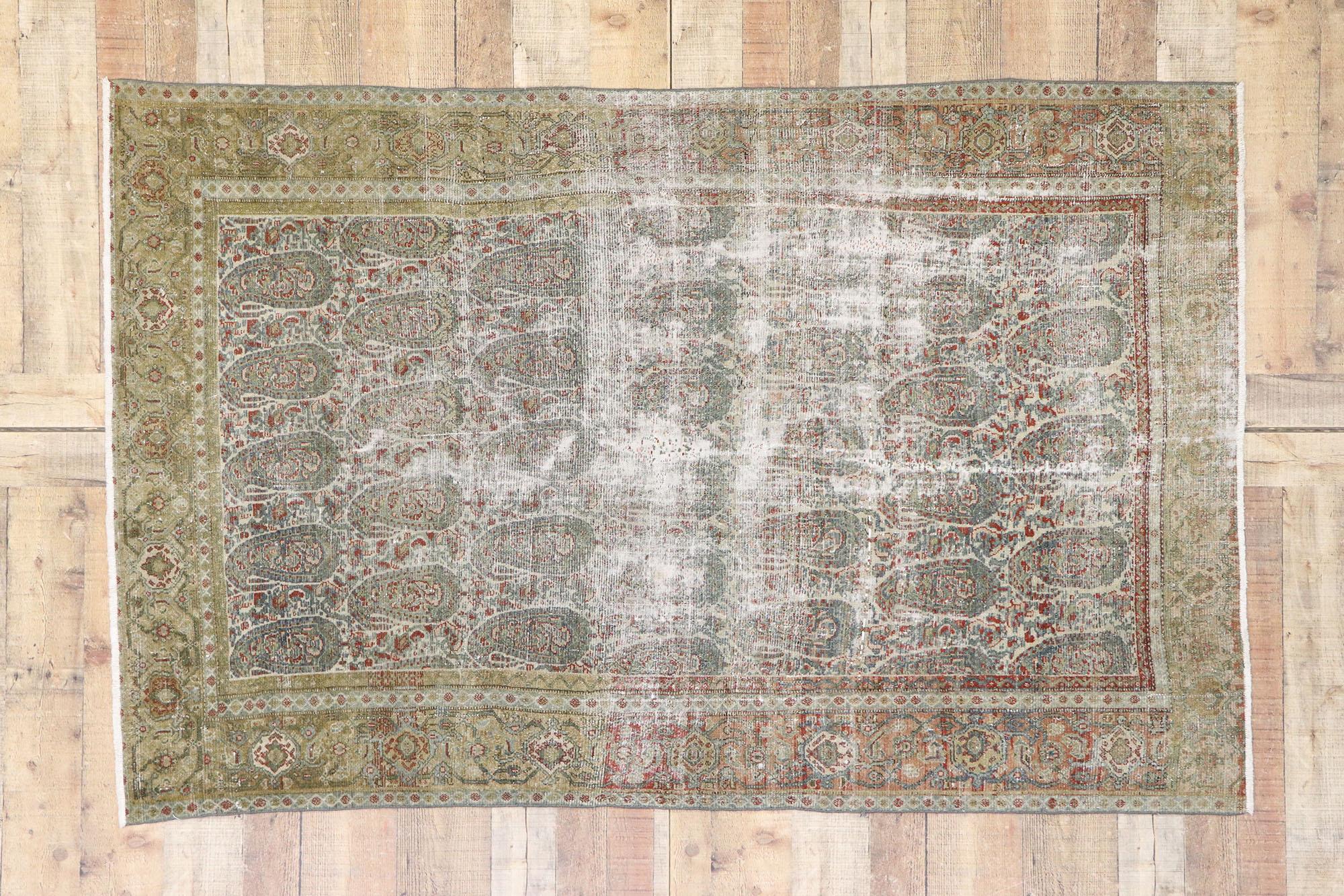 Distressed Antique Persian Senneh Boteh Rug with Rustic Arts & Crafts Style For Sale 1