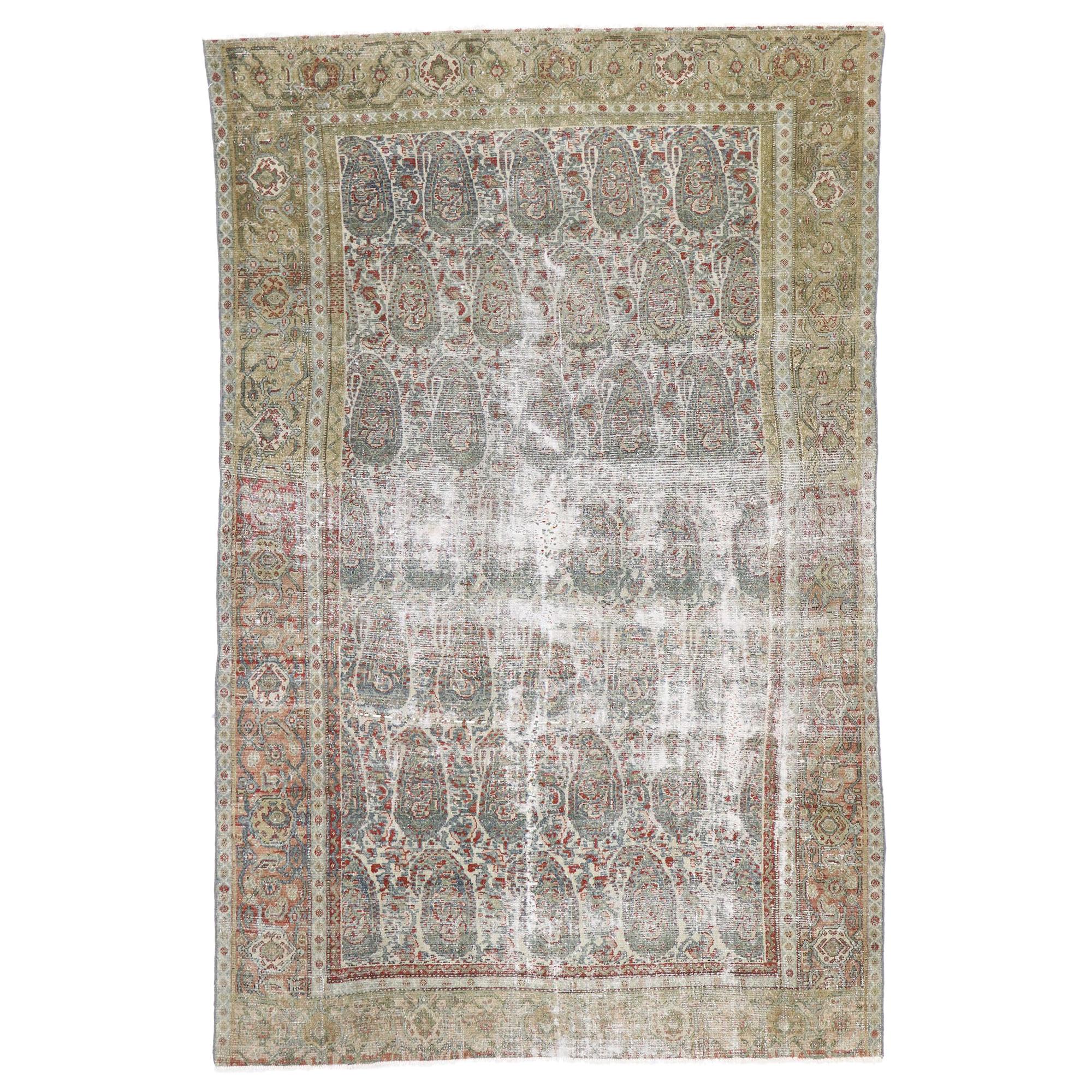 Distressed Antique Persian Senneh Boteh Rug with Rustic Arts & Crafts Style