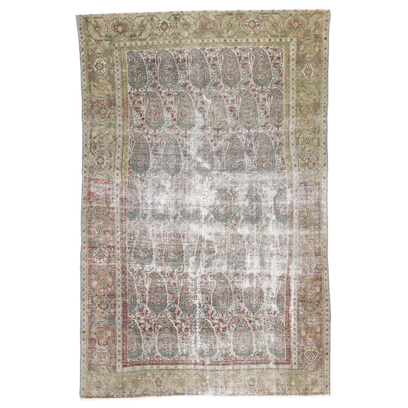 Distressed Antique Persian Senneh Boteh Rug with Rustic Arts and Crafts ...
