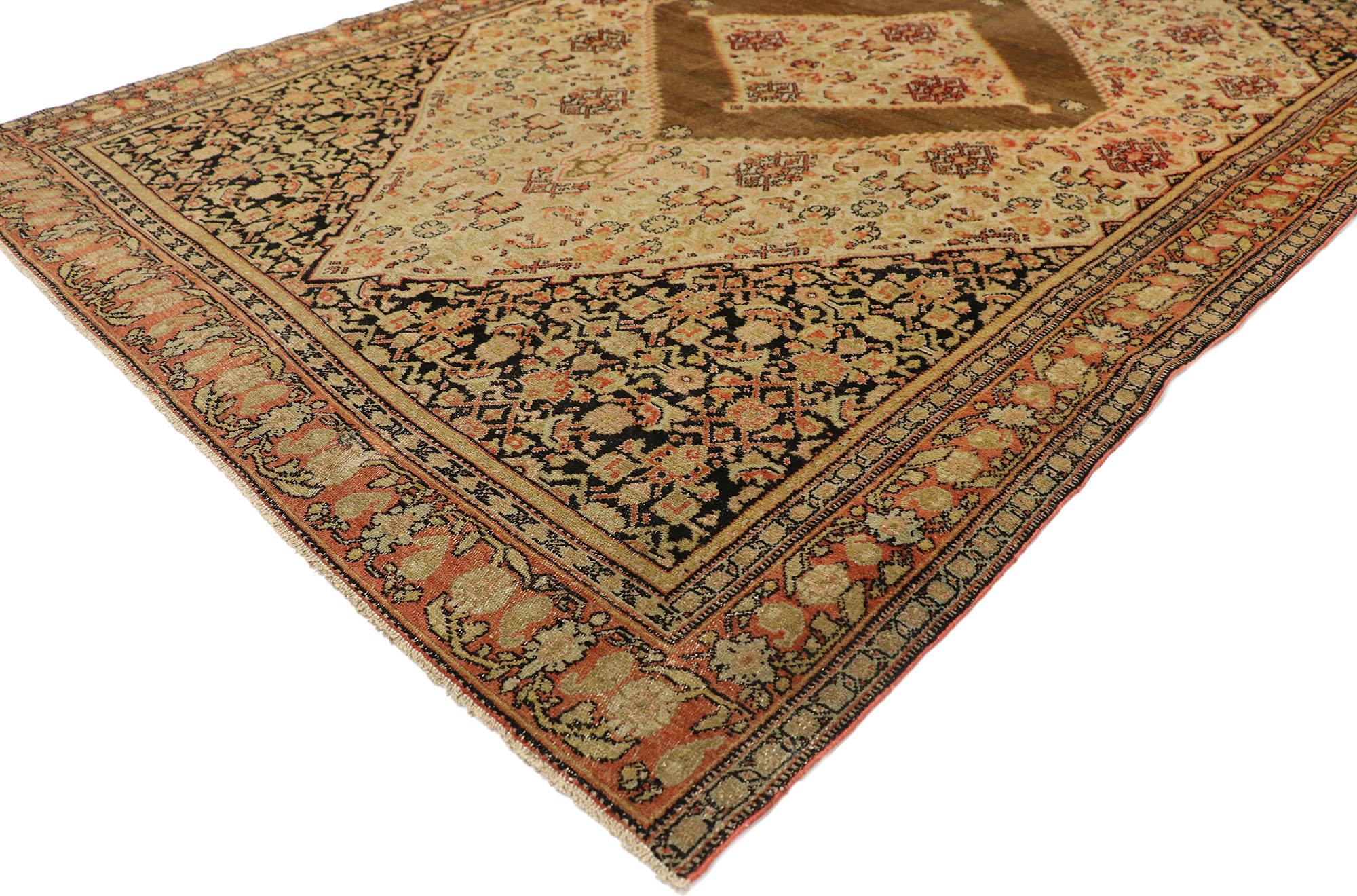 ??76956 Distressed antique Persian Senneh rug with Rustic Mid-Century Modern style. ?With its geometric pattern and warm earth-tone colors, this hand knotted wool distressed antique Persian Design gallery rug embodies a rustic Mid-Century Modern