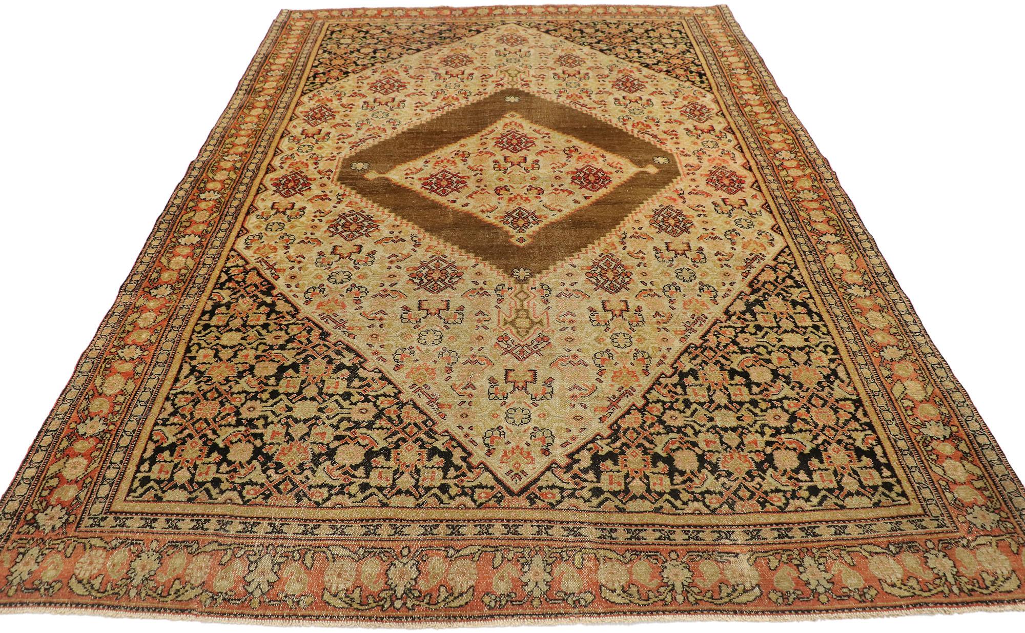 Malayer Distressed Antique Persian Senneh Rug with Rustic Mid-Century Modern Style For Sale