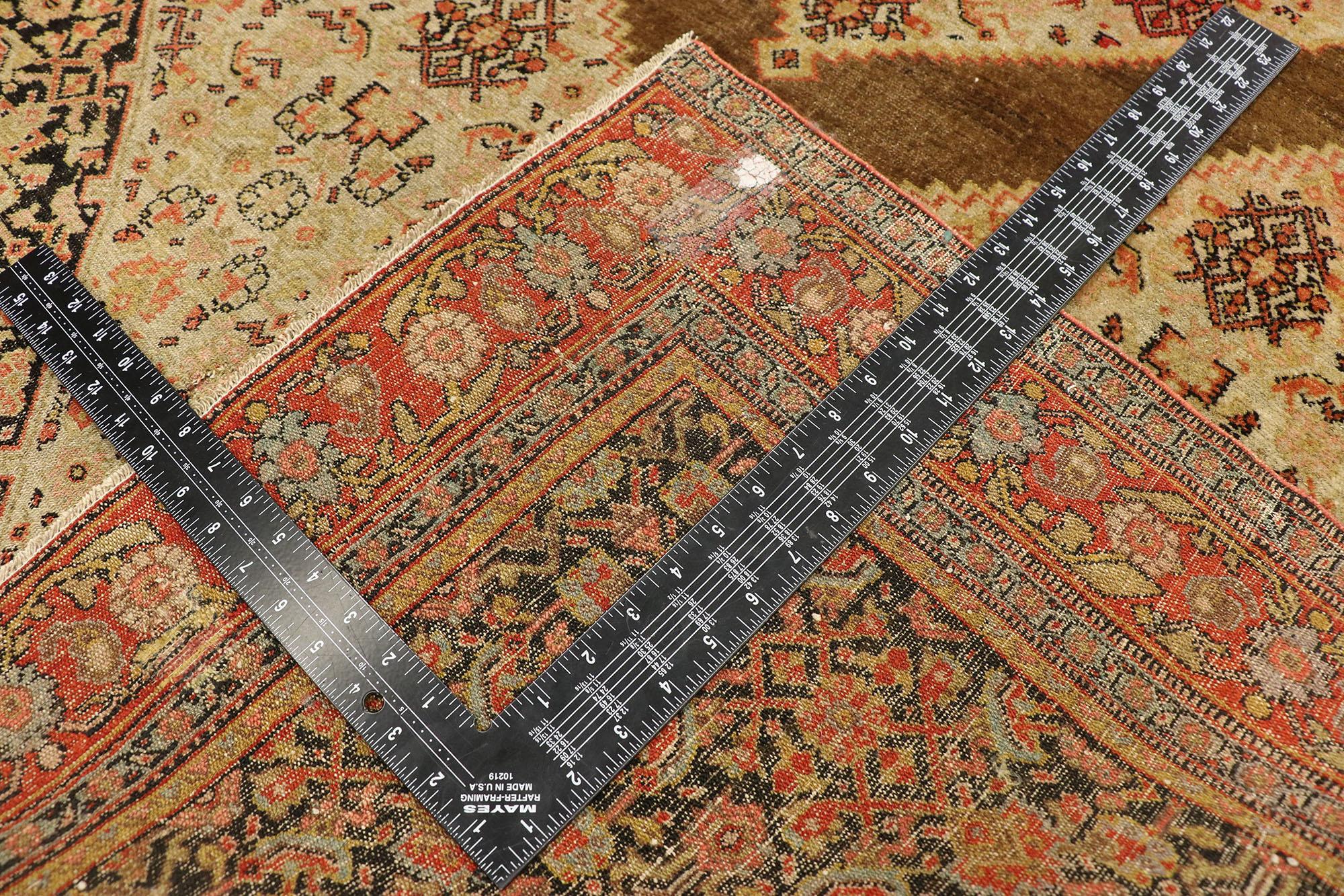 Distressed Antique Persian Senneh Rug with Rustic Mid-Century Modern Style In Distressed Condition For Sale In Dallas, TX