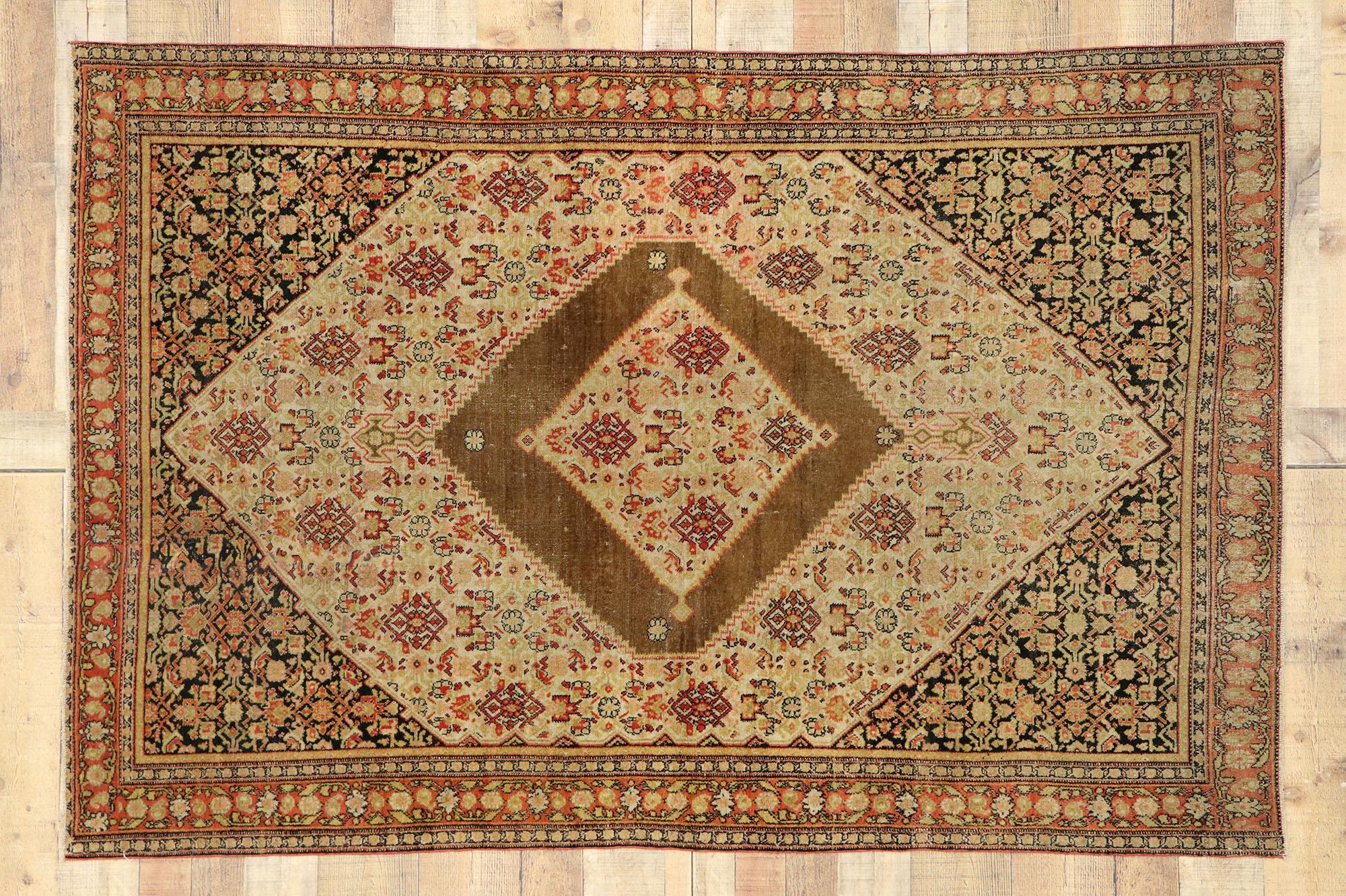 20th Century Distressed Antique Persian Senneh Rug with Rustic Mid-Century Modern Style For Sale