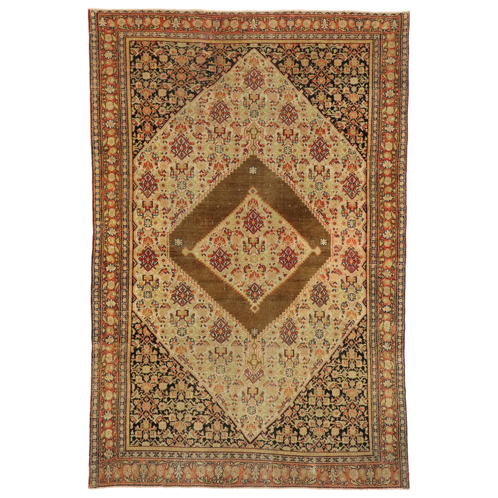 Distressed Antique Persian Senneh Rug with Rustic Mid-Century Modern Style For Sale