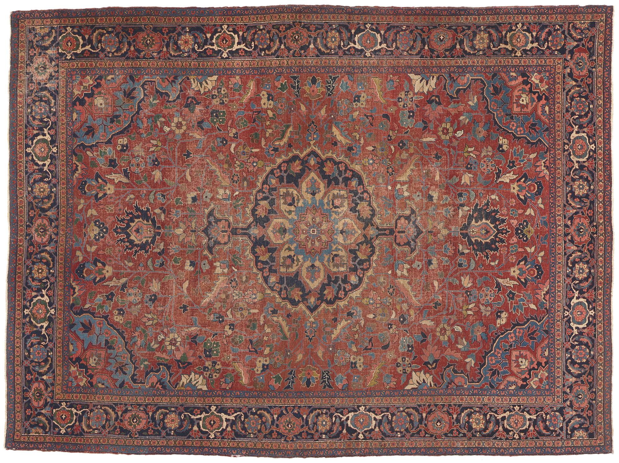 Distressed Antique Persian Serapi Rug For Sale 4