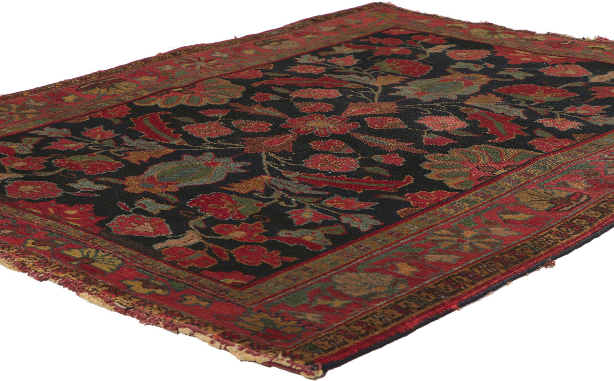 77597 distressed antique Persian Serapi rug, 03'06 x 04'04. Rendered in variegated shades of ink blue, red, navy blue, ruby red, brown, green, sky blue, berry, cerise, and tan with other accent colors.
Distressed. Desirable age wear.
Abrash.
Made