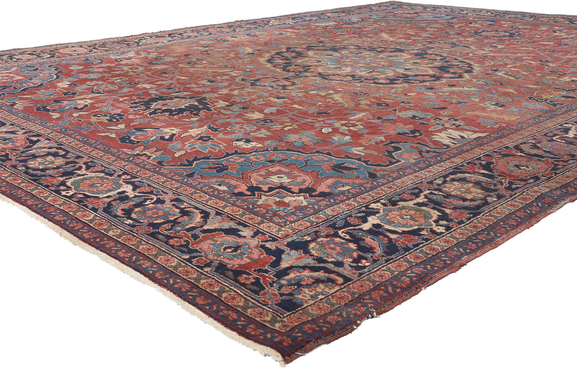 78709 Antique Persian Serapi Rug, 08'08 x 11'07. Persian Serapi rugs are hand-knotted wool rugs originating from the Heriz village in East Azerbaijan Province, northwest Iran. They are prized for their unique blend of tribal and Safavid influences,