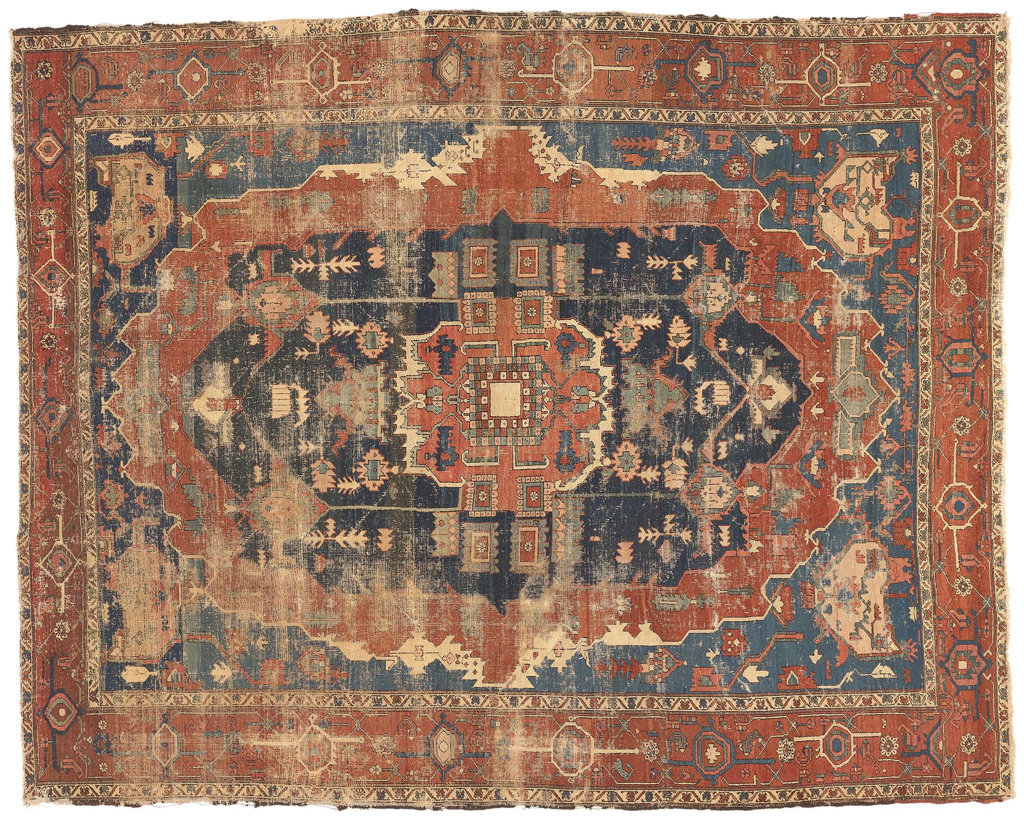 Distressed Antique Persian Serapi Rug, Rugged Beauty Meets Weathered Charm For Sale 11