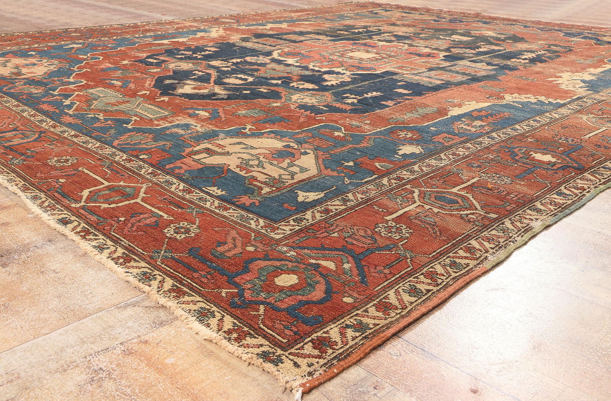 Distressed Antique Persian Serapi Rug, Rugged Beauty Meets Weathered Charm For Sale 6