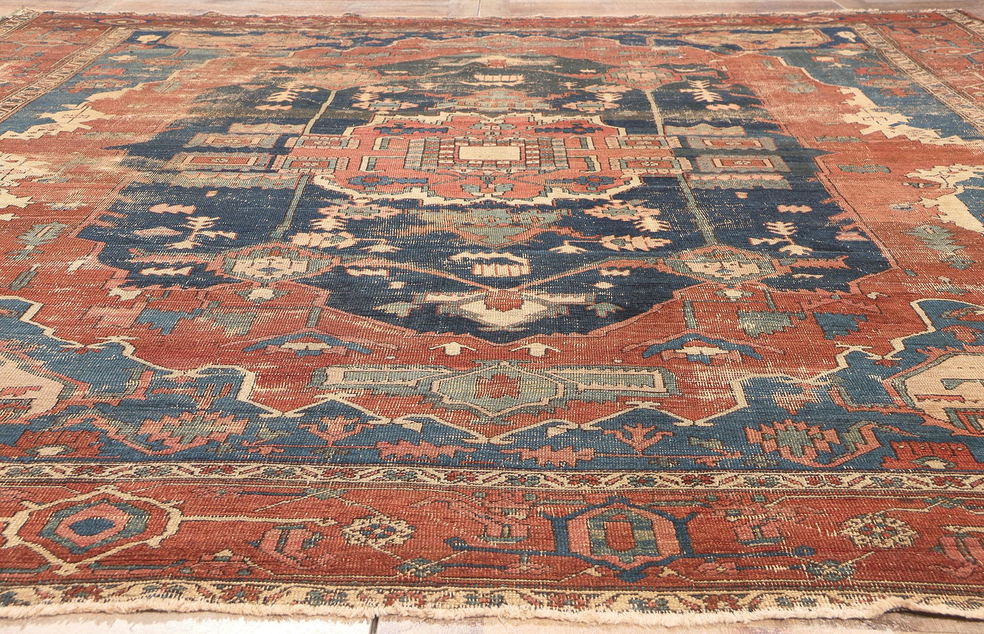 Distressed Antique Persian Serapi Rug, Rugged Beauty Meets Weathered Charm For Sale 8