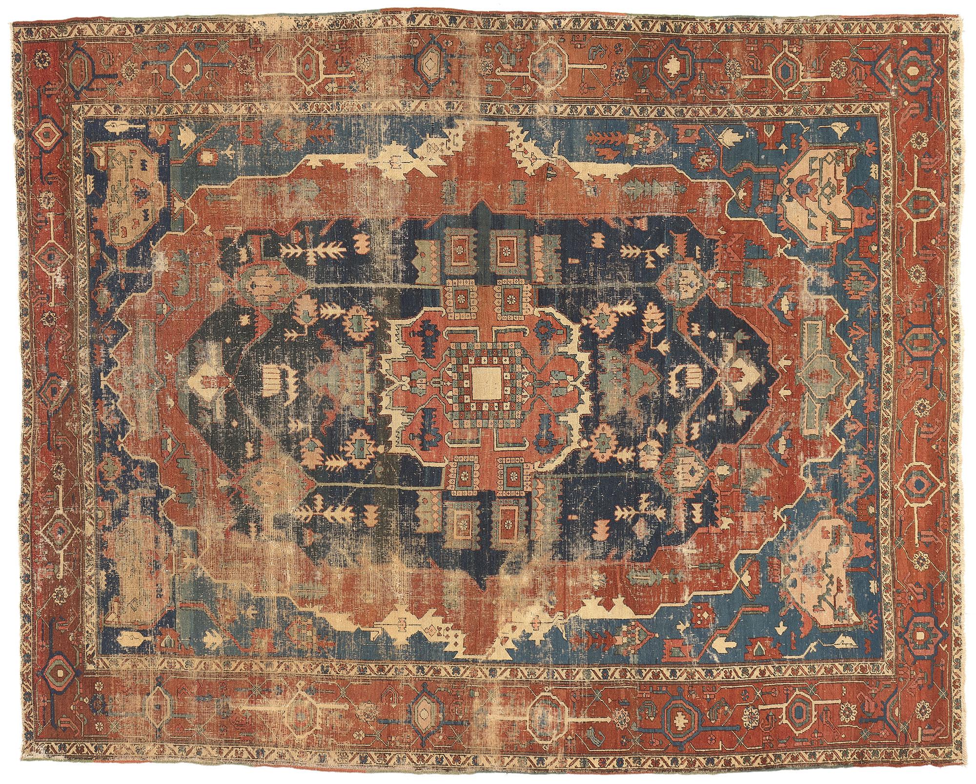 Distressed Antique Persian Serapi Rug, Rugged Beauty Meets Weathered Charm For Sale 12