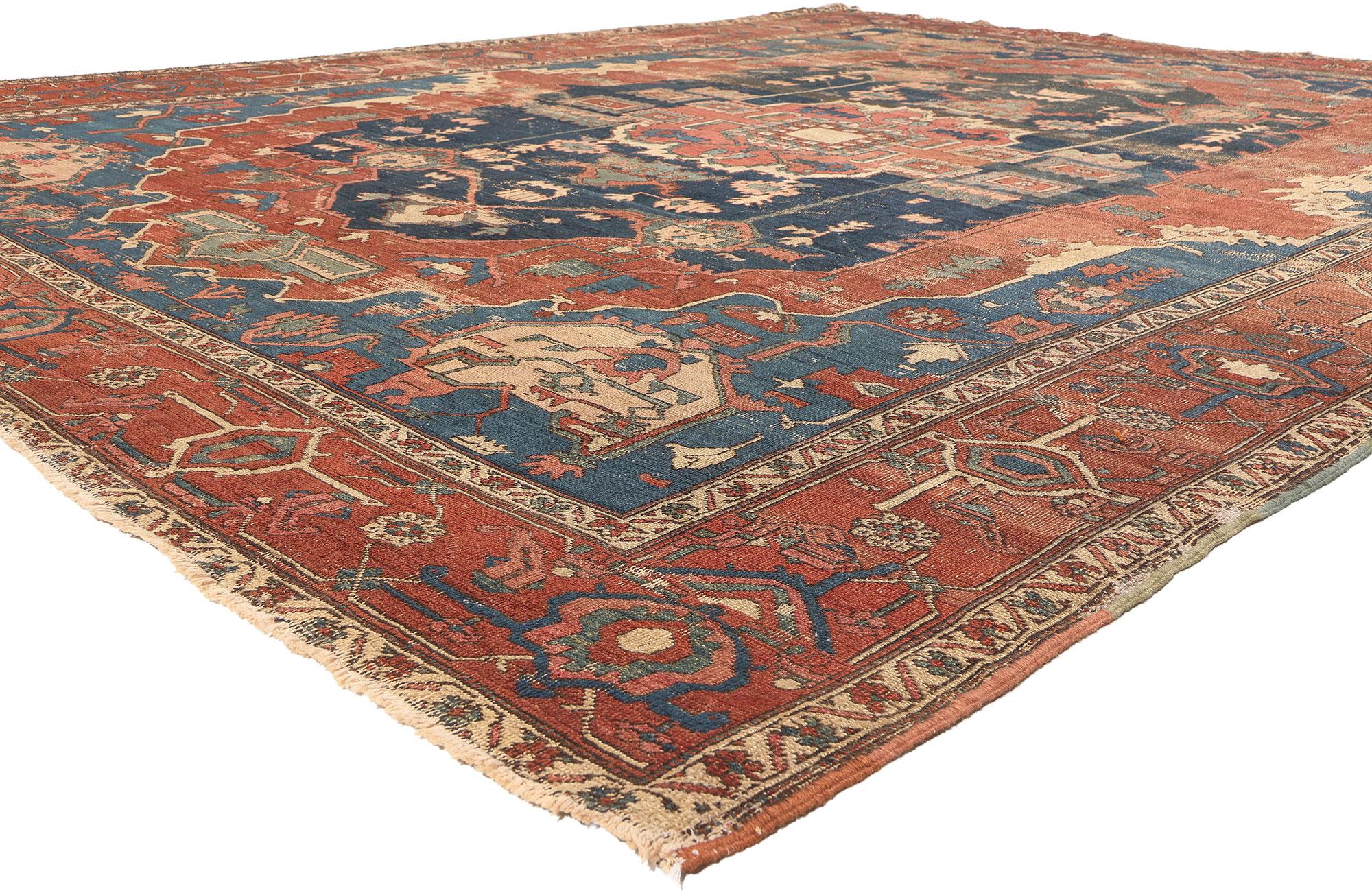 Hand-Knotted Distressed Antique Persian Serapi Rug, Rugged Beauty Meets Weathered Charm For Sale