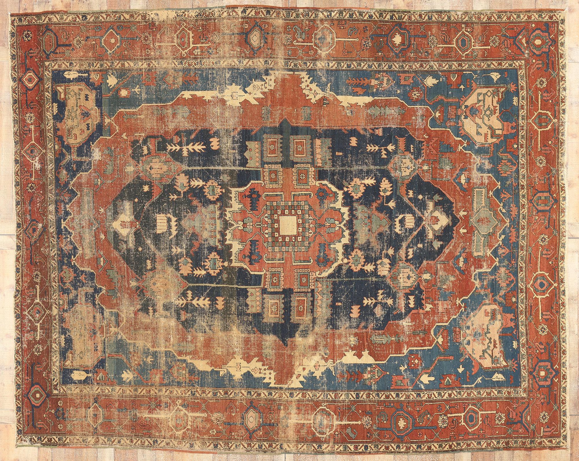 Distressed Antique Persian Serapi Rug, Rugged Beauty Meets Weathered Charm For Sale 10