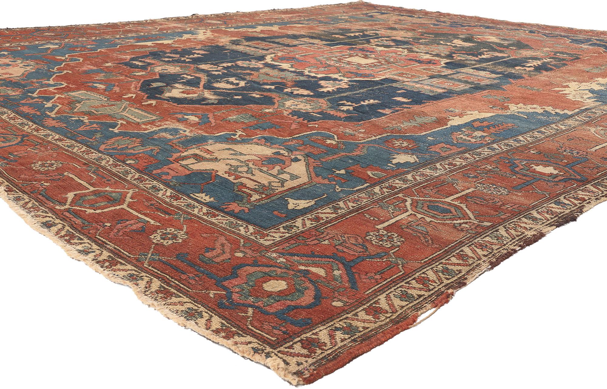 78547 Rustic Antique Persian Serapi Rug, 10'02 x 12'06.
Weathered finesse meets rustic sensibility in this distressed antique Persian Serapi rug. The faded geometric design and earthy colorway woven into this piece work together creating a curated