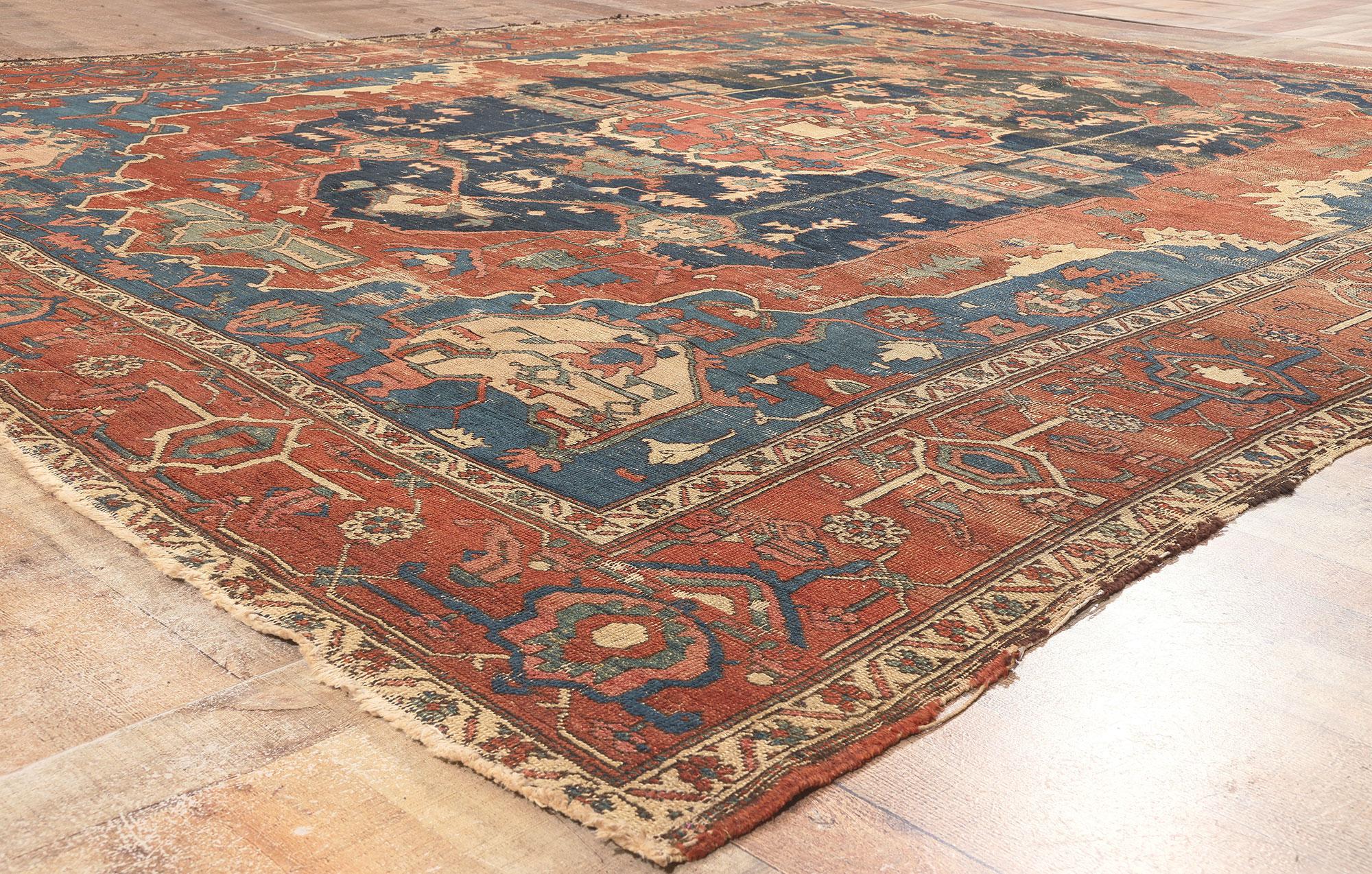 Distressed Antique Persian Serapi Rug, Rugged Beauty Meets Weathered Charm For Sale 5