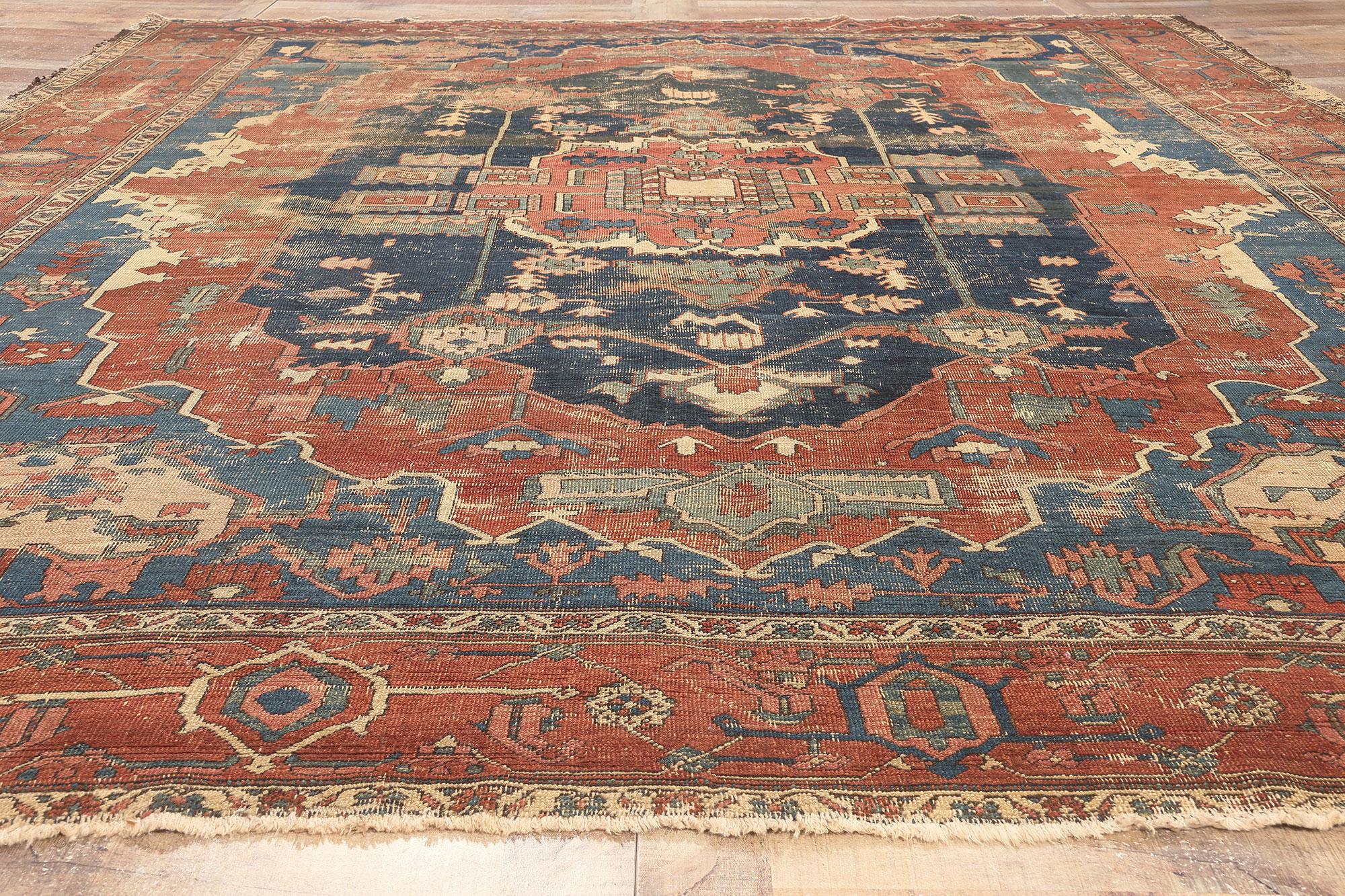 Distressed Antique Persian Serapi Rug, Rugged Beauty Meets Weathered Charm For Sale 7