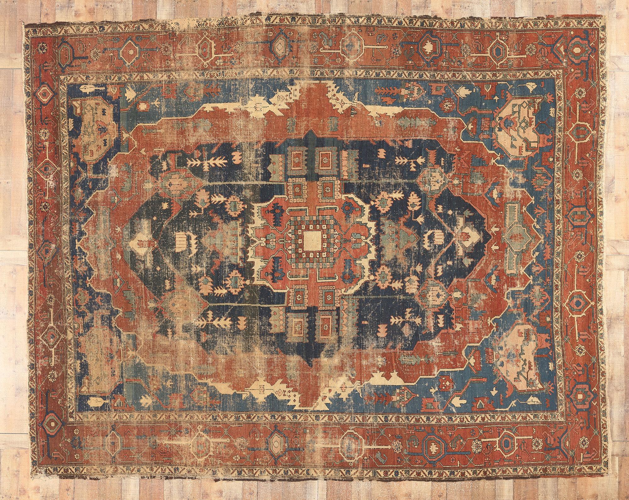 Distressed Antique Persian Serapi Rug, Rugged Beauty Meets Weathered Charm For Sale 9