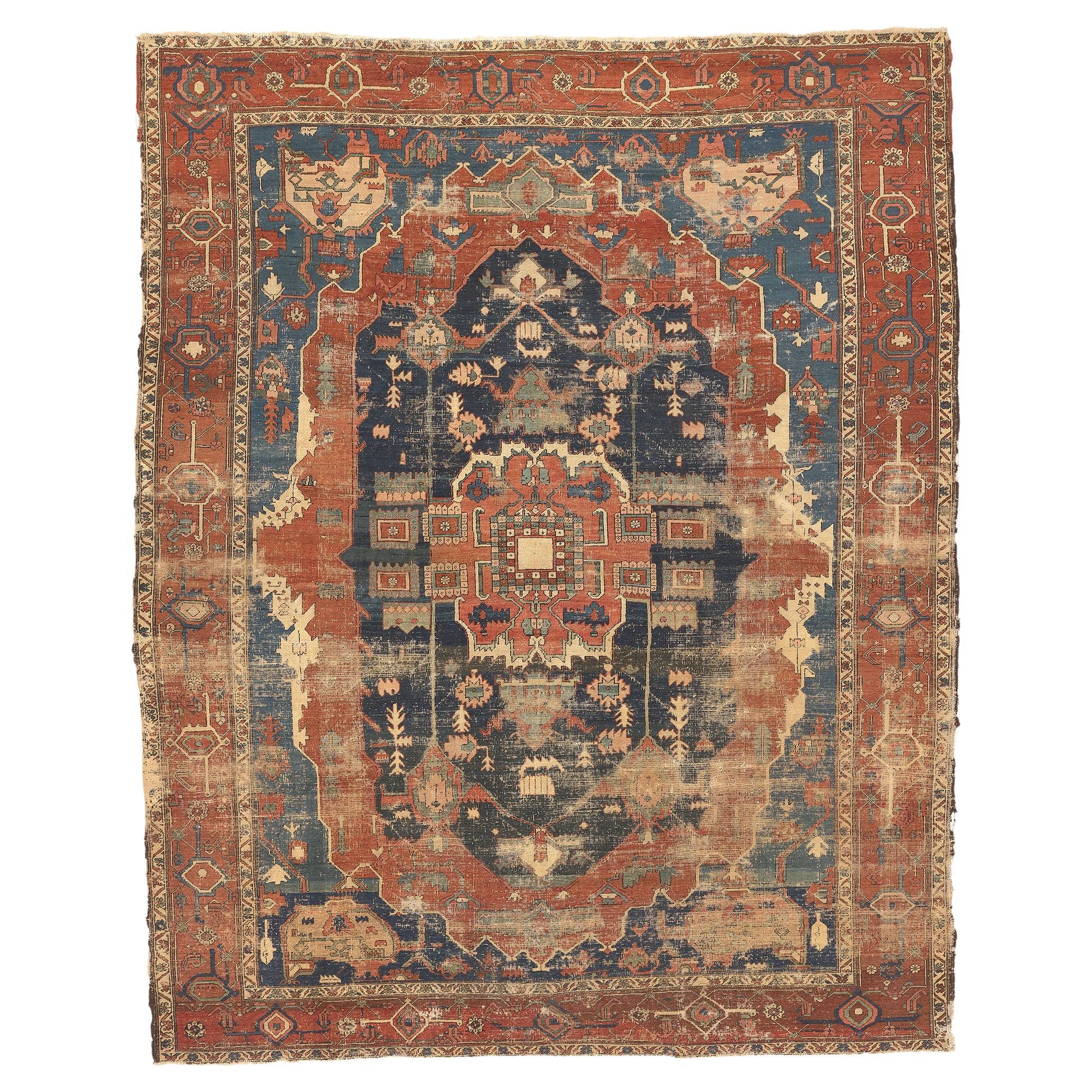 Distressed Antique Persian Serapi Rug, Rugged Beauty Meets Weathered Charm For Sale