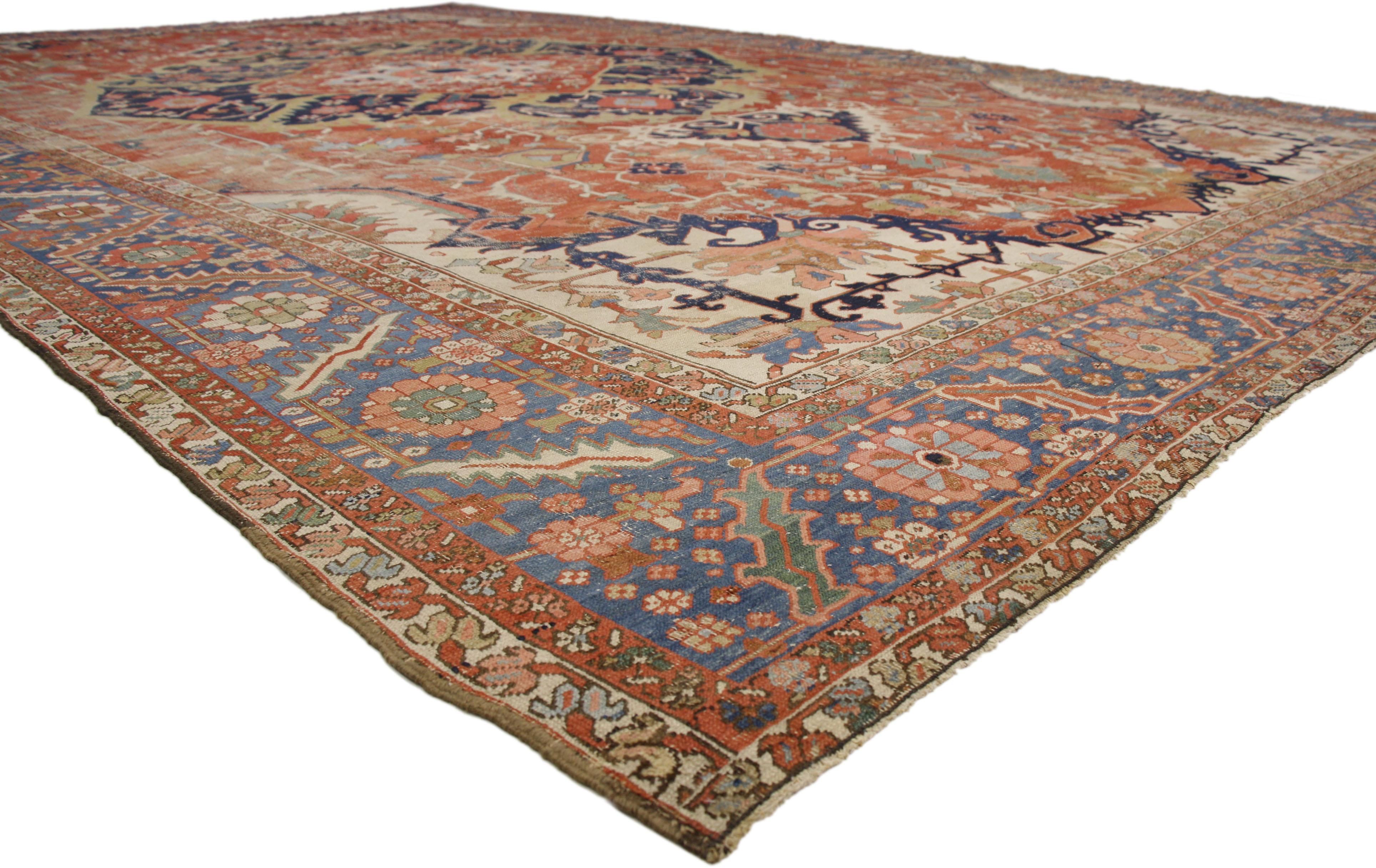 Hand-Knotted Antique-Worn Persian Serapi Rug, Rustic Charm Meets Relaxed Refinement For Sale