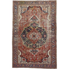 Antique-Worn Persian Serapi Rug, Rustic Charm Meets Relaxed Refinement