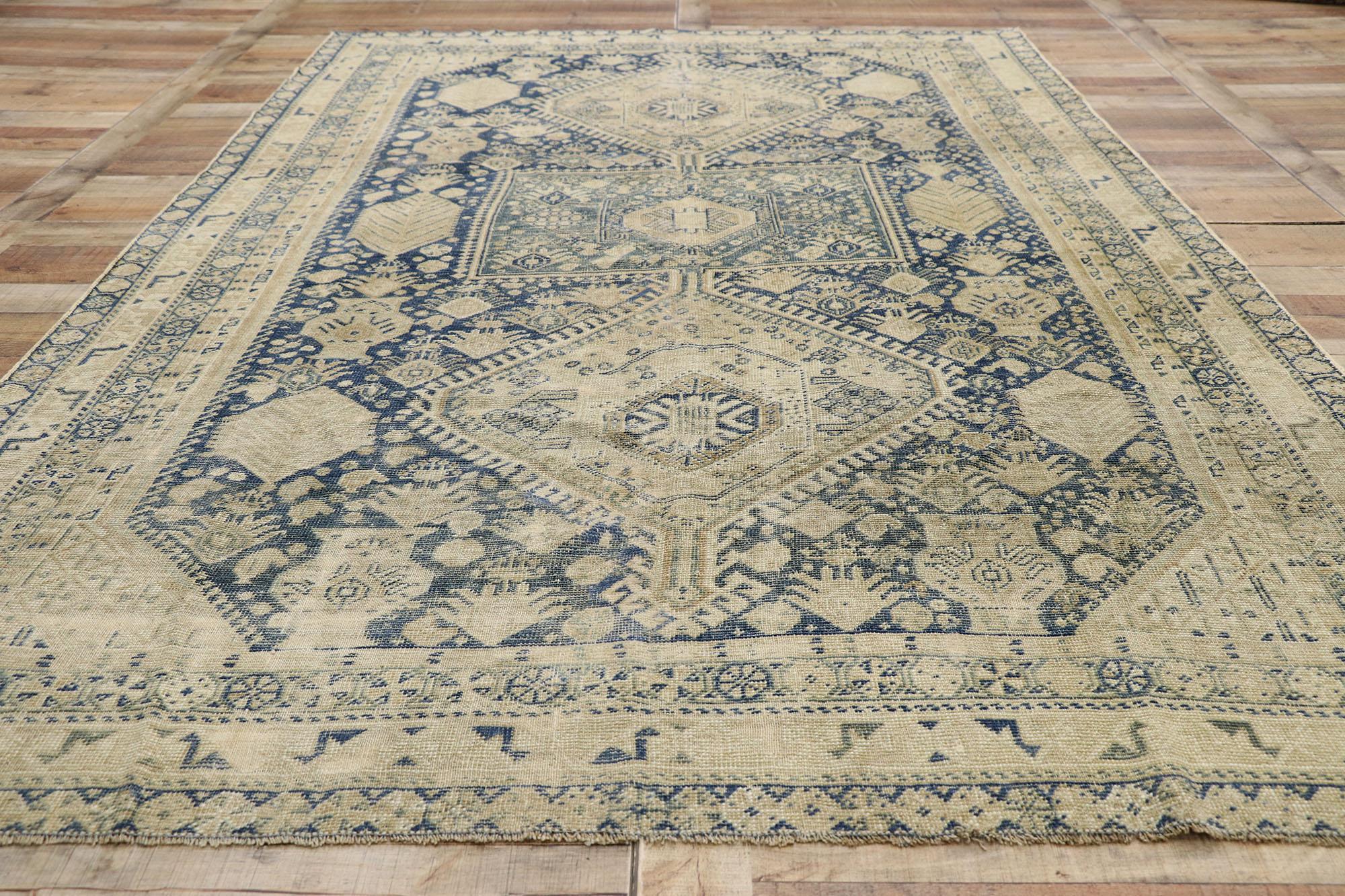 Hand-Knotted Distressed Antique Persian Shiraz Design Rug with British Colonial Style For Sale