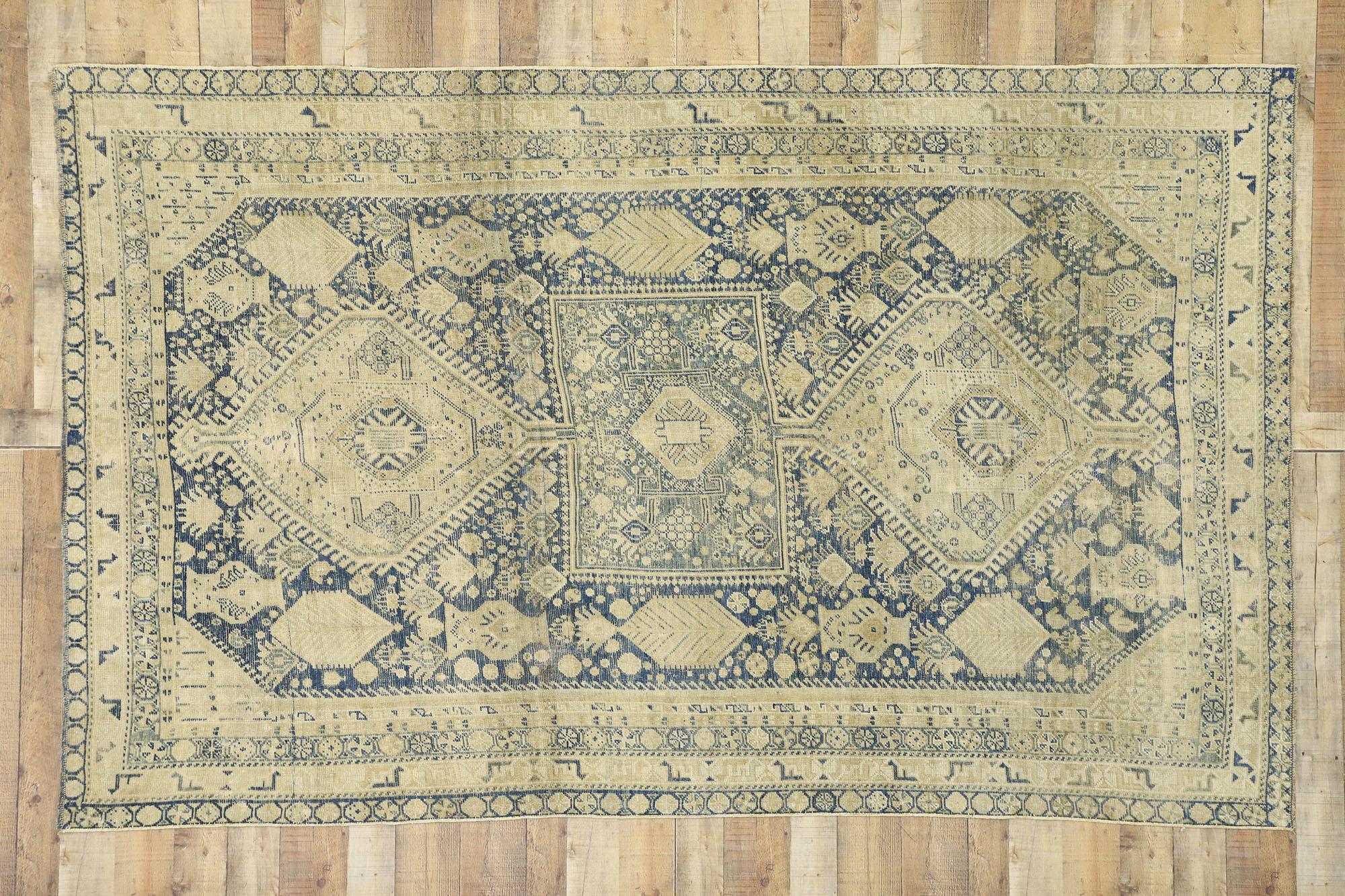 Distressed Antique Persian Shiraz Design Rug with British Colonial Style In Distressed Condition For Sale In Dallas, TX